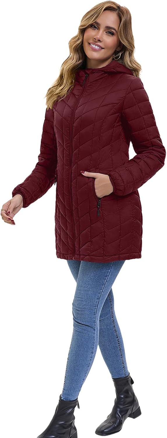 ZMC Women’s Packable Lightweight Puffer Jacket with Hood, Mid-Length Quilted Winter Coat with Zipper Pockets - Image 3