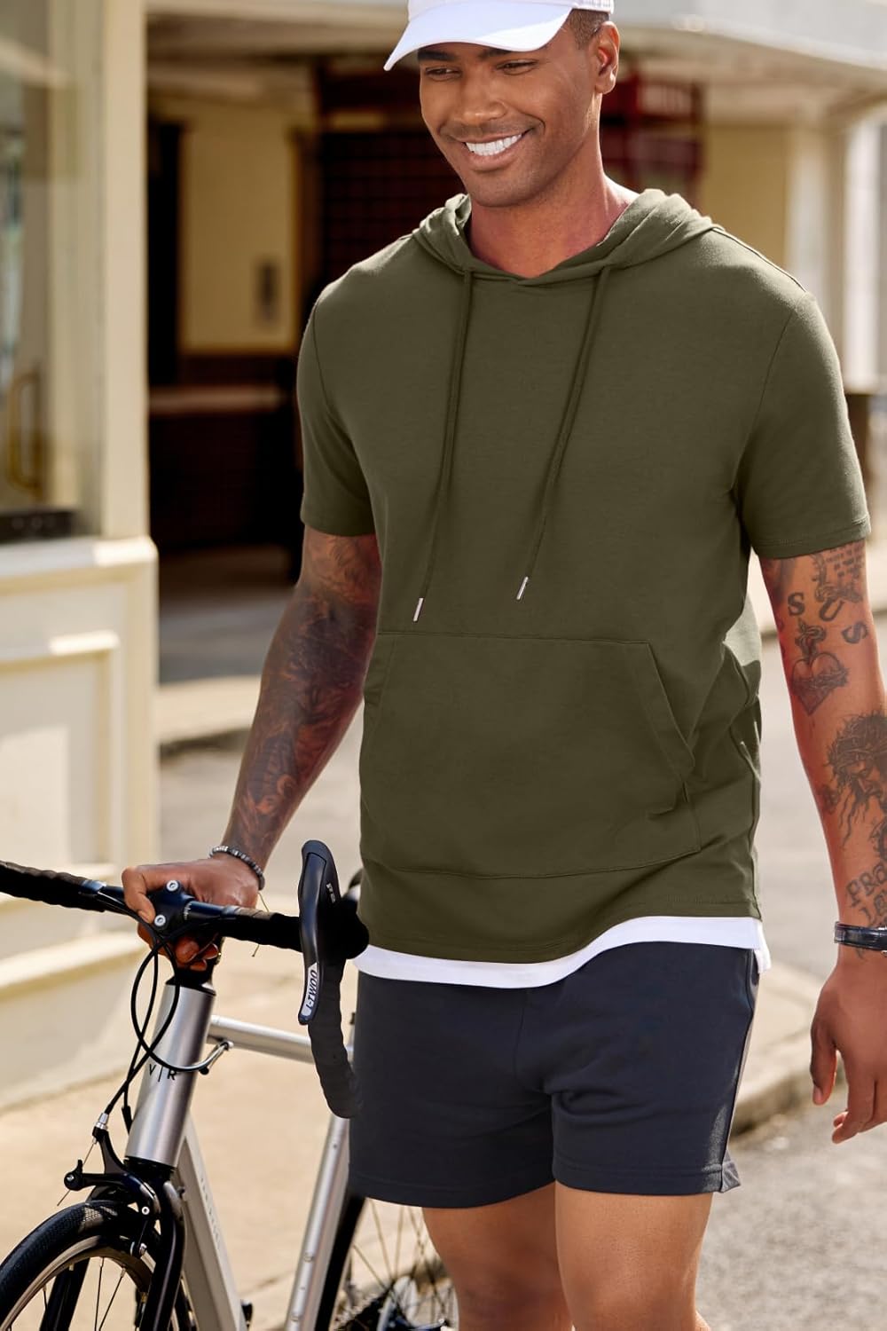 JMIERR Mens Short Sleeve Hoodie Cotton Hooded T-shirts Lightweight Solid Tops with Pocket - Image 2