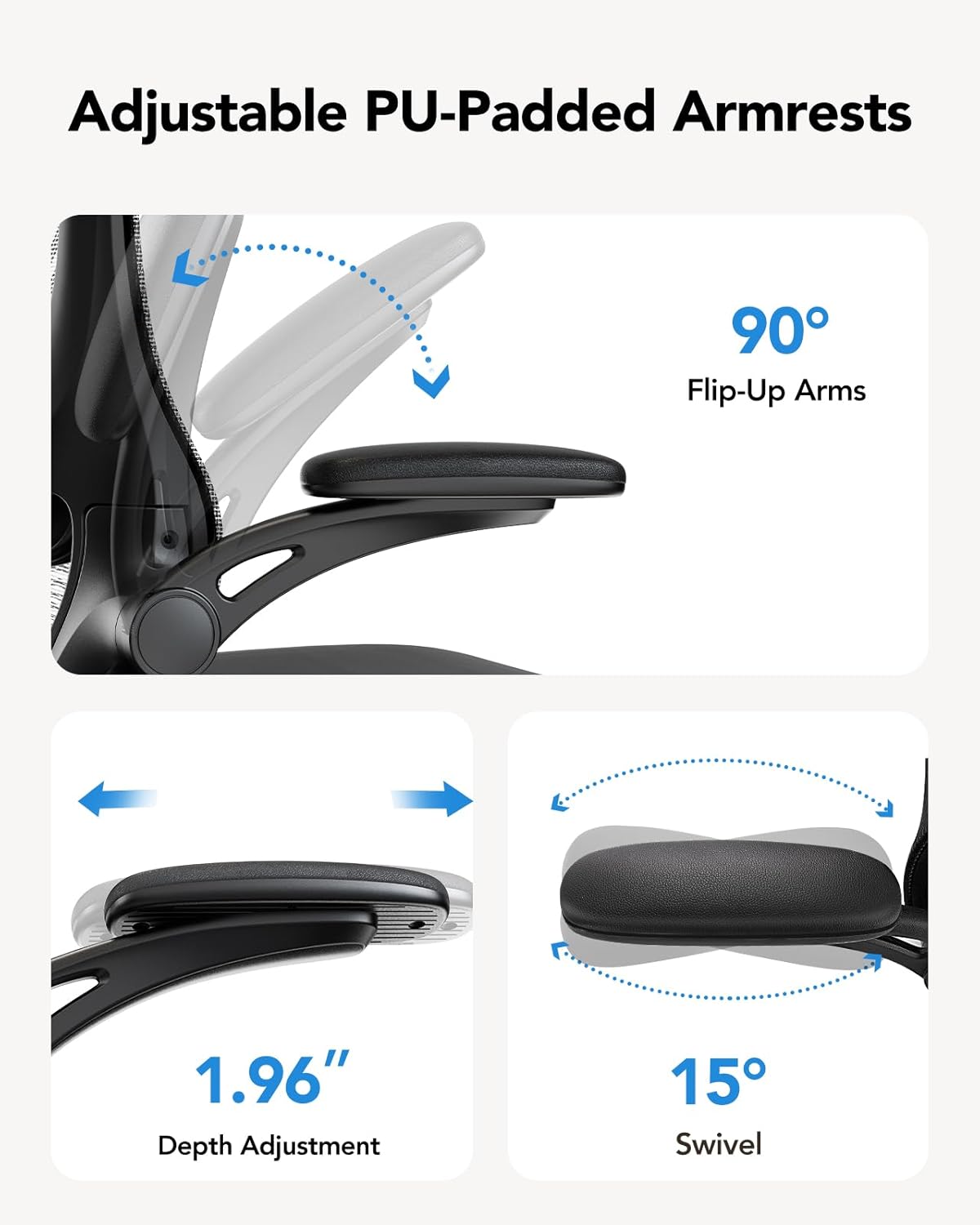 HUANUO Ergonomic Office Chair, High Back Computer Desk Chair with Adjustable Lumbar Support and Headrest, Comfy Gaming Chair with 3D Armrests, Home Office Rolling Chair, Max Load 300 lbs - Image 5