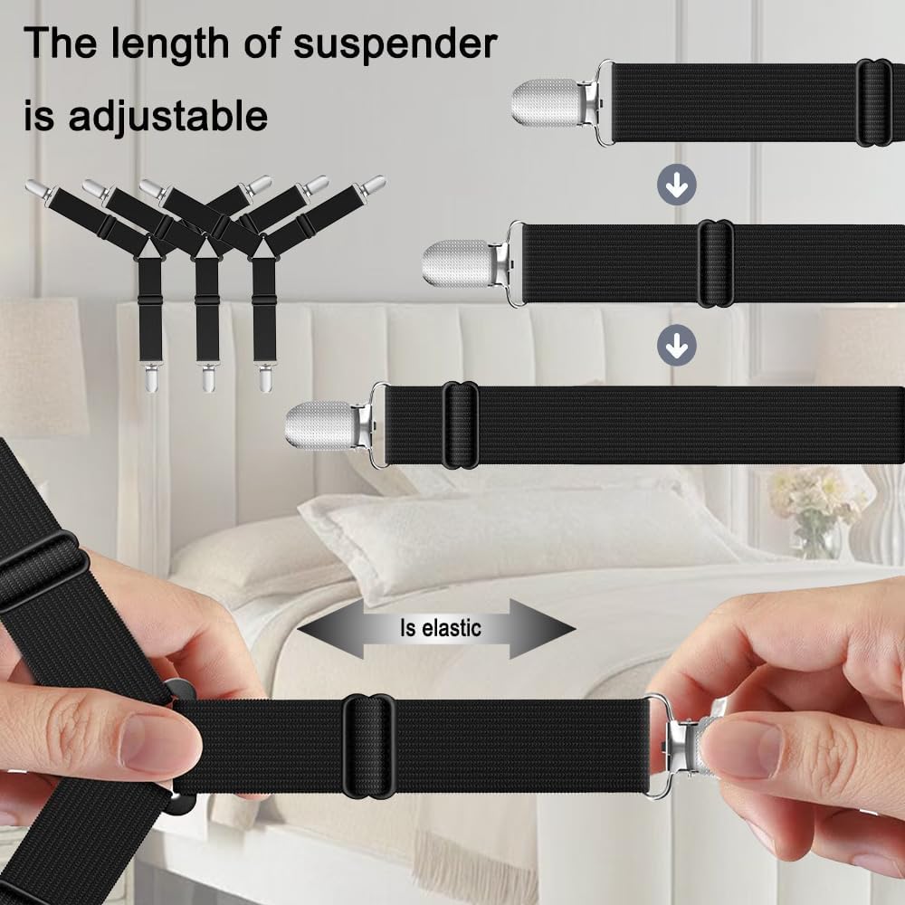 Bed Sheet Holder Straps, Upgrade Non Slip Sheet Clips, Fitted Sheet Holders for Corners, Easy Install Adjustable Elastic Firm Tight Accessories, 4Pcs/Set Black - Image 5