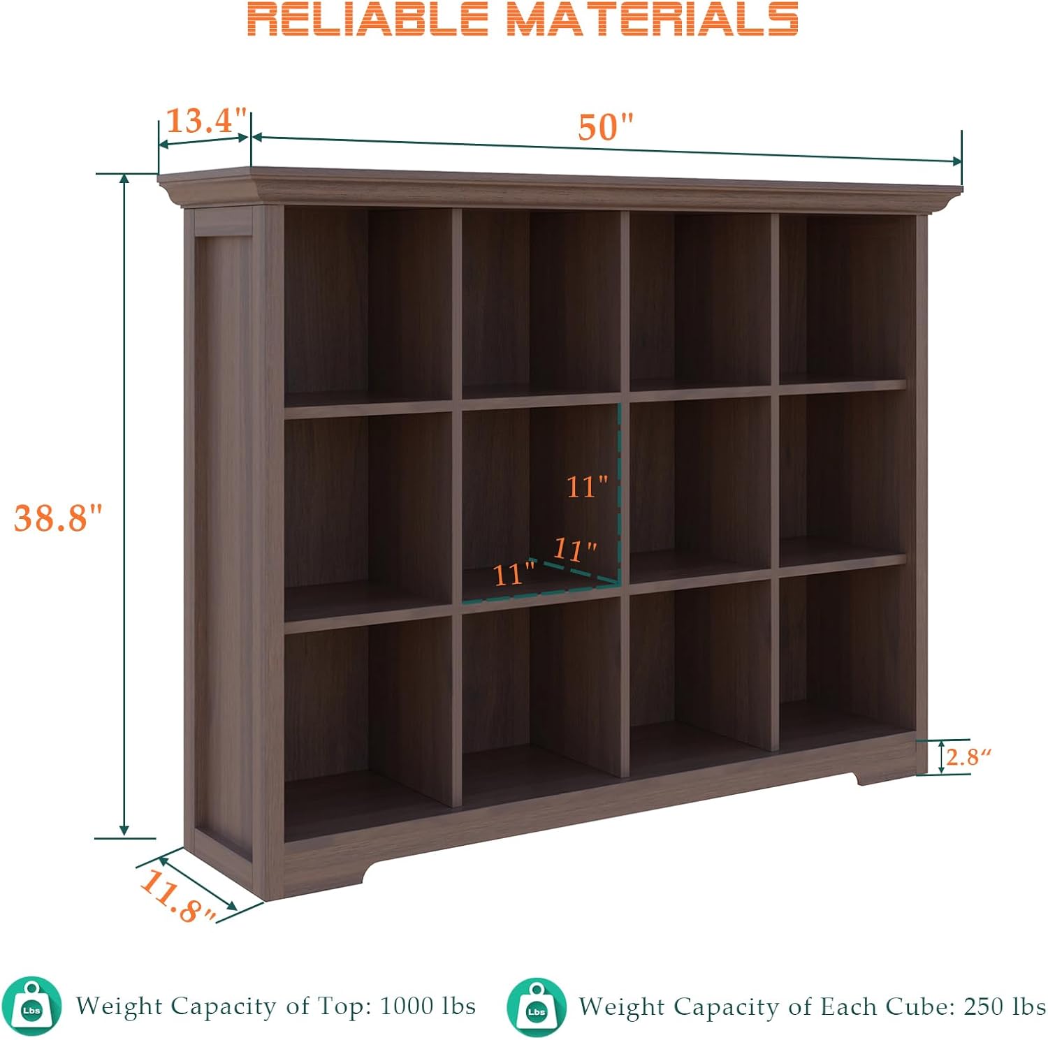 OSCHF Cube Shelf Bookcase with Base - Wooden 3 Tiers Floor Standing Low Storage Cabinet for Home and Office, 12-Cube Lattice Bookshelf, Walnut - Image 3