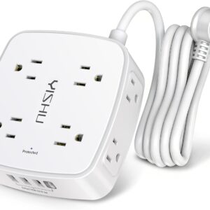 6 Ft Surge Protector Power Strip – 8 Widely Outlets with 4 USB Ports, 3 Side Outlet Extender with 6 Feet Extension Cord, Flat Plug, Wall Mount, Desk USB Charging Station, ETL,White