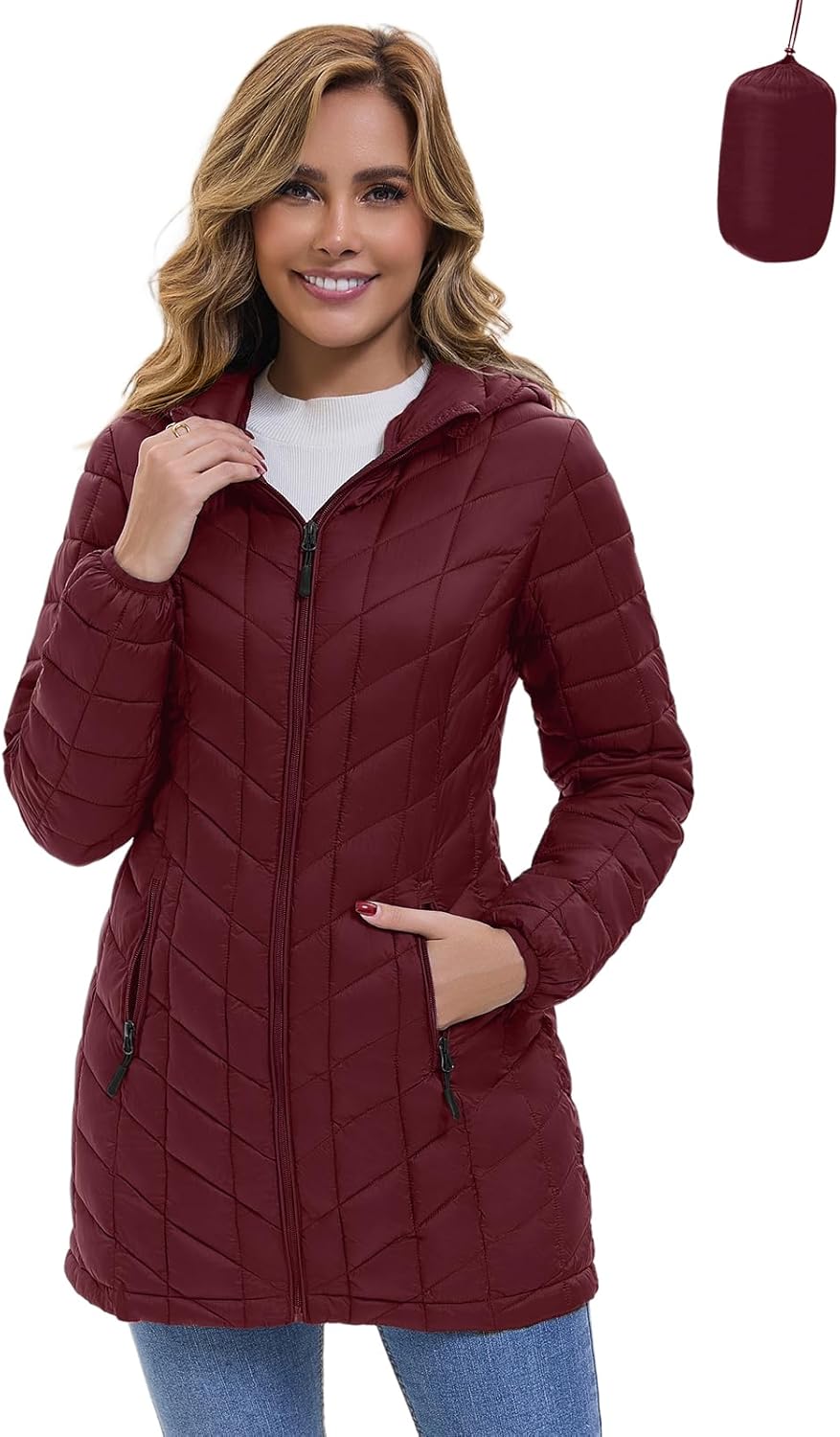 ZMC Women’s Packable Lightweight Puffer Jacket with Hood, Mid-Length Quilted Winter Coat with Zipper Pockets