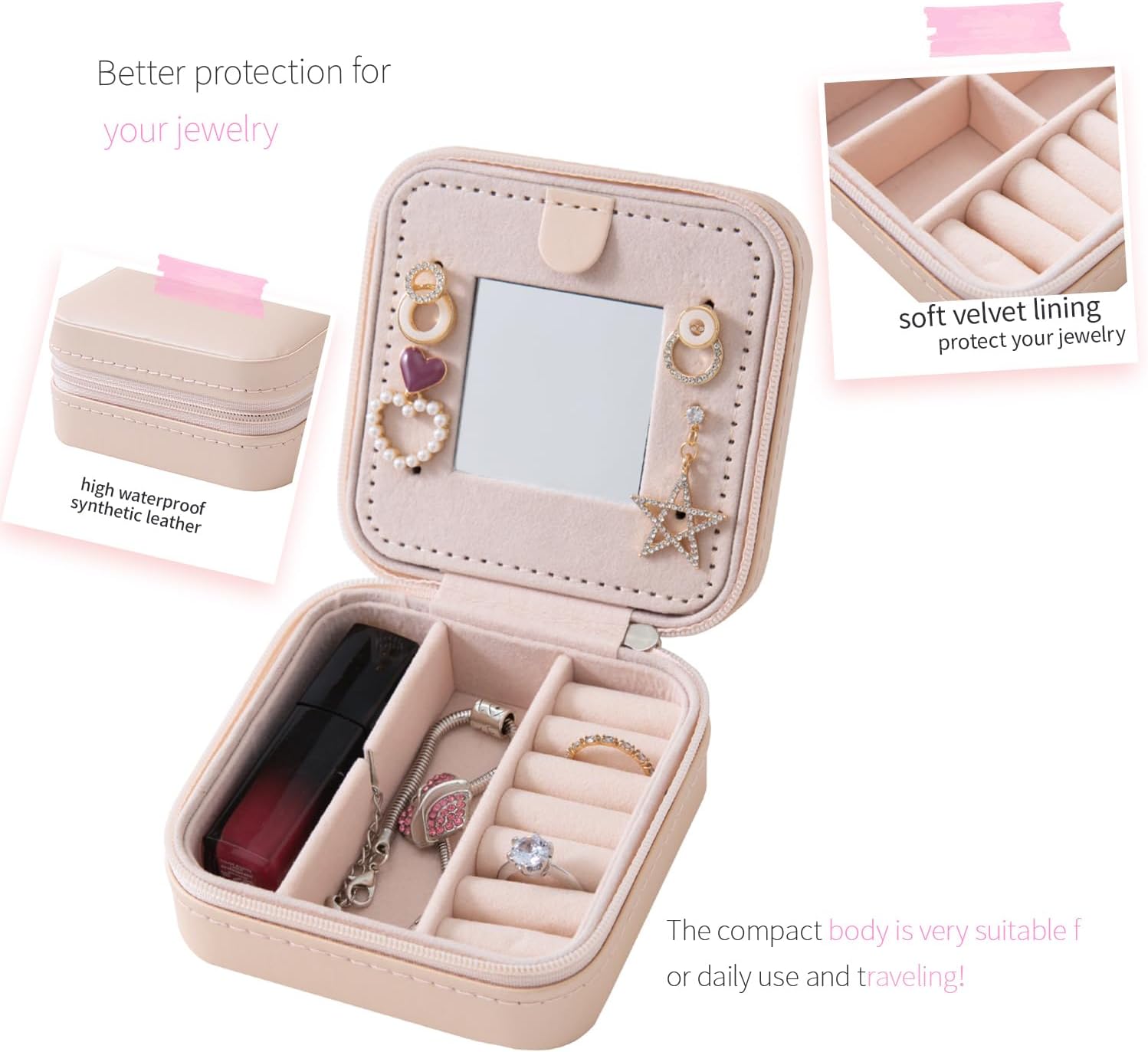 KElofoN Travel jewelry case Travel jewelry box Travel Jewelry Organizer Small box Gift for Girls Women with Mirror(Pink) - Image 3
