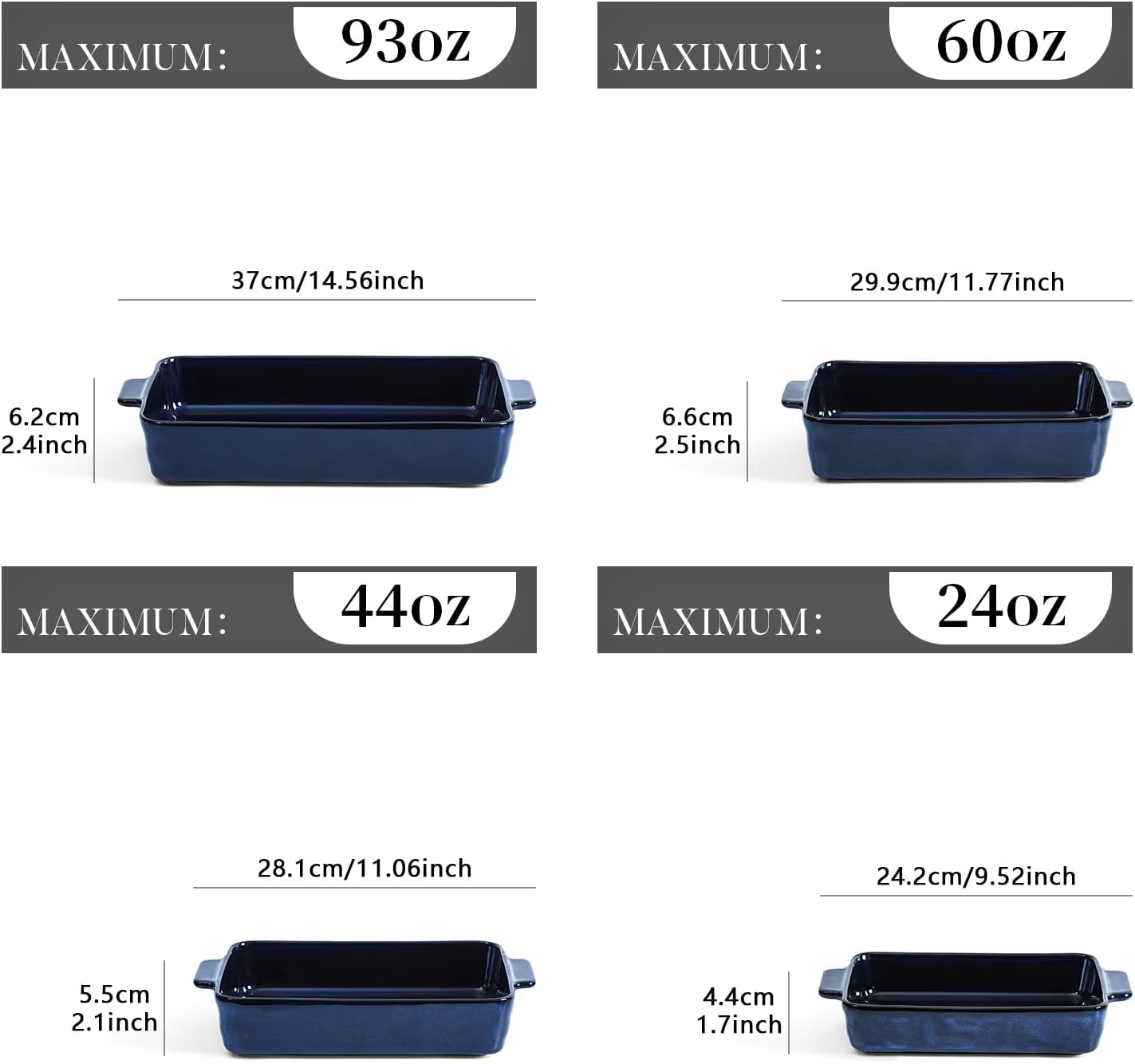 VICRAYS Ceramic Bakeware Set, Porcelain Rectangular Lasagna Pans Casserole Dish Set for Baking, Cooking, Kitchen, Cake Dinner, Banquet and Daily Use, 4 PCS, Blue(9.52"/11.06"/11.77"/14.56") - Image 2
