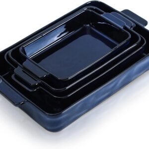 VICRAYS Ceramic Bakeware Set, Porcelain Rectangular Lasagna Pans Casserole Dish Set for Baking, Cooking, Kitchen, Cake Dinner, Banquet and Daily Use, 4 PCS, Blue(9.52″/11.06″/11.77″/14.56″)