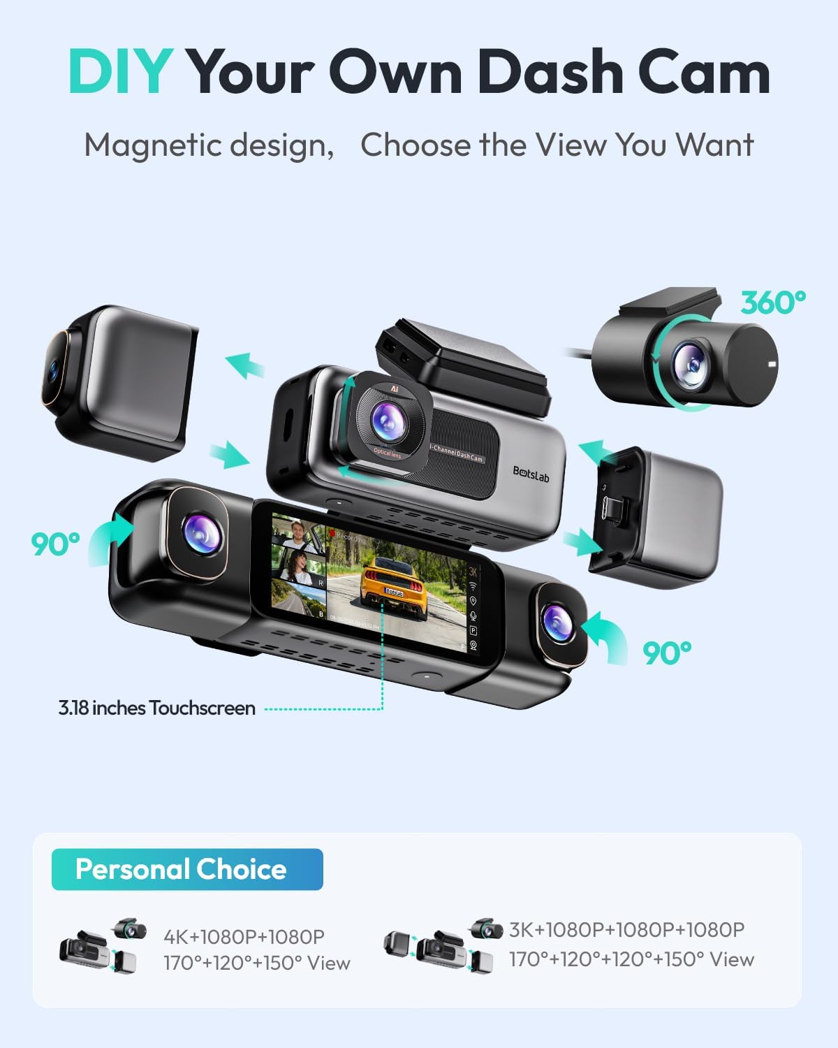 BOTSLAB 3K 4 Channel Dash Cam, 360° All-Sides View, Front and Rear Inside Car Camera with 3.18”Touch Screen, Dash Camera 24/7 Parking Mode, Built-in GPS 5.8GHz WiFi Voice Control, Free 128GB Card - Image 7