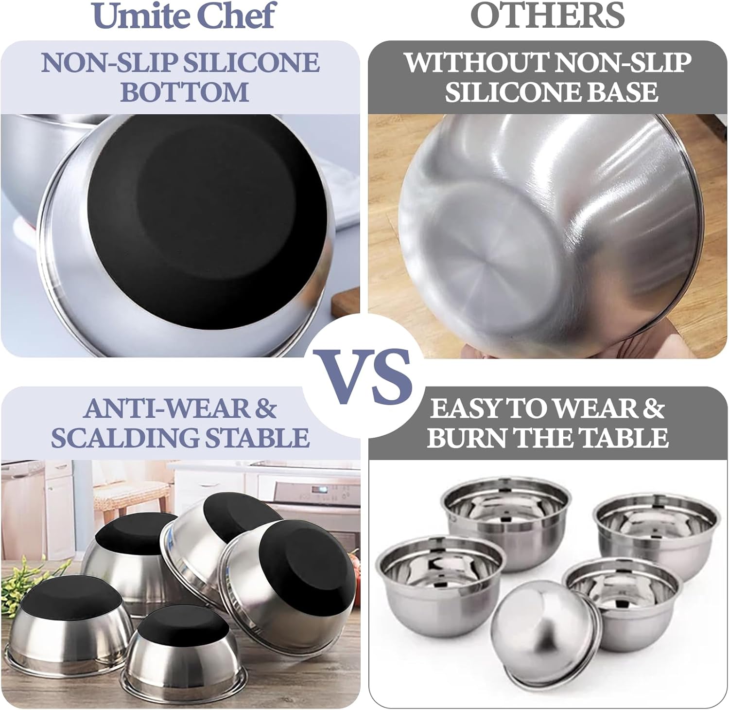 Umite Chef Mixing Bowls with Airtight Lids, 8PCS Stainless Steel Nesting Mixing Bowls Set, 3 Grater Attachments & Non-Slip Bottoms, Black Kitchen Bowls, Size 5, 4, 3.5, 2, 1.5QT for Baking & Serving - Image 2