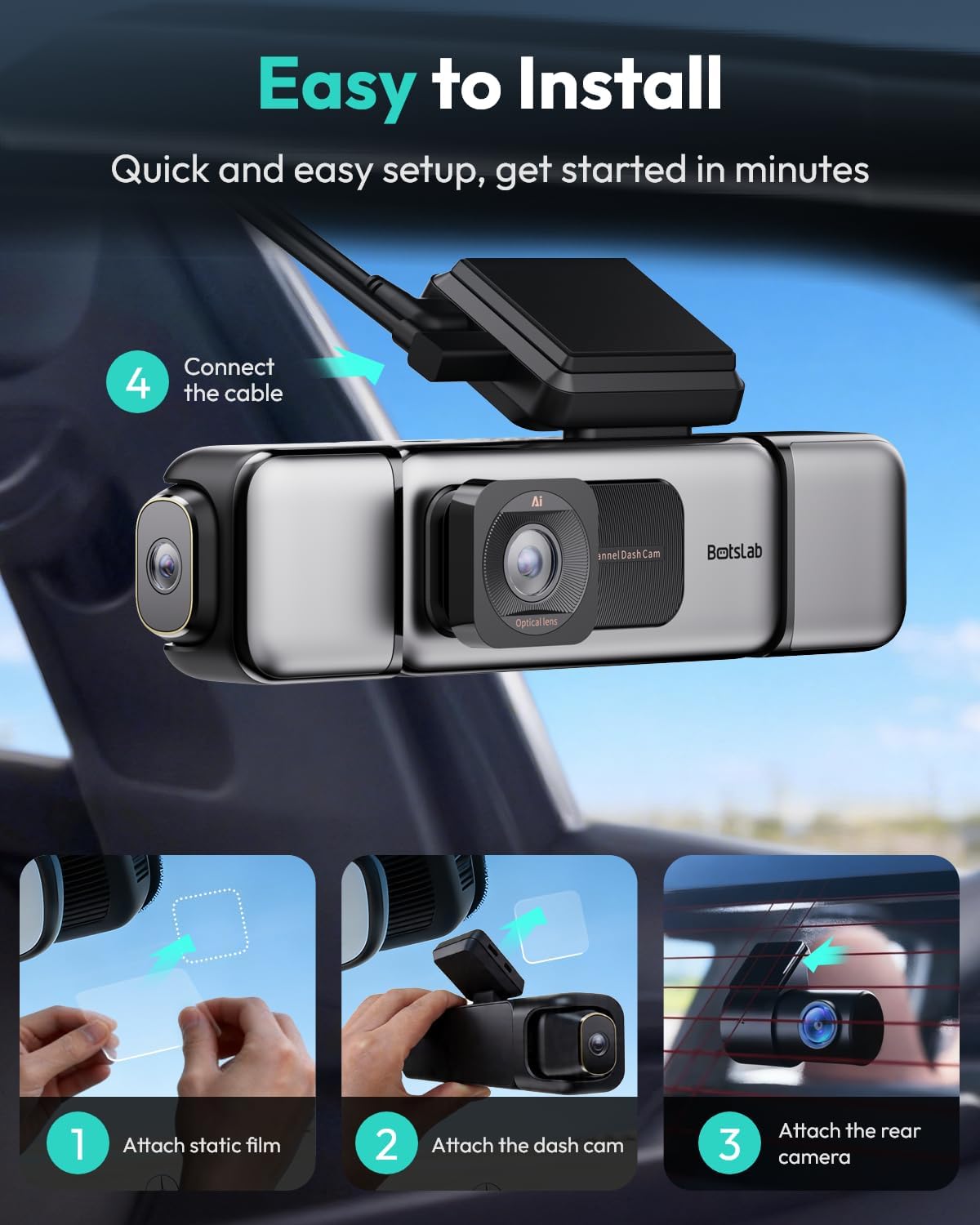 BOTSLAB 3K 4 Channel Dash Cam, 360° All-Sides View, Front and Rear Inside Car Camera with 3.18”Touch Screen, Dash Camera 24/7 Parking Mode, Built-in GPS 5.8GHz WiFi Voice Control, Free 128GB Card - Image 9