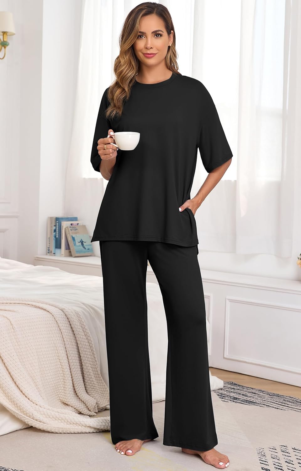 PrinStory Womens Pajamas Sets 2 Piece Lounge Set Short Sleeve Tops and Long Pants Soft Pjs Loungewear with Pockets - Image 5