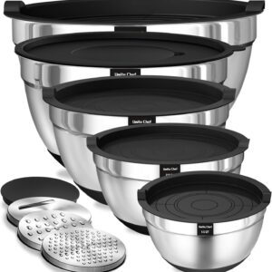 Umite Chef Mixing Bowls with Airtight Lids, 8PCS Stainless Steel Nesting Mixing Bowls Set, 3 Grater Attachments & Non-Slip Bottoms, Black Kitchen Bowls, Size 5, 4, 3.5, 2, 1.5QT for Baking & Serving