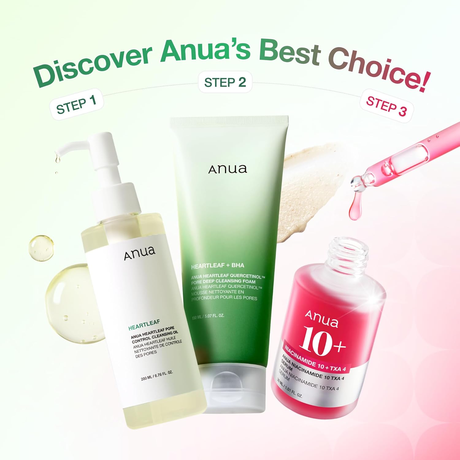 Anua 3-Step Glass Skin Beginner Set, Oil Cleanser and Face Wash with Facial Serum, Double Cleansing Daily Routine with Niacinamide, Korean Skin Care Set - Image 2