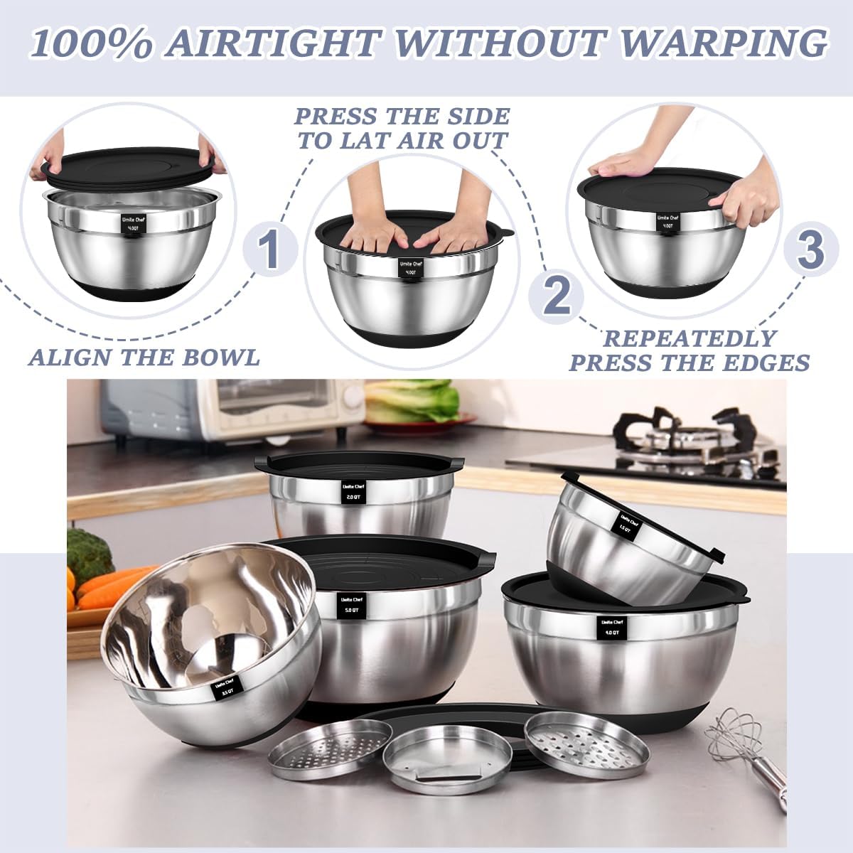 Umite Chef Mixing Bowls with Airtight Lids, 8PCS Stainless Steel Nesting Mixing Bowls Set, 3 Grater Attachments & Non-Slip Bottoms, Black Kitchen Bowls, Size 5, 4, 3.5, 2, 1.5QT for Baking & Serving - Image 6