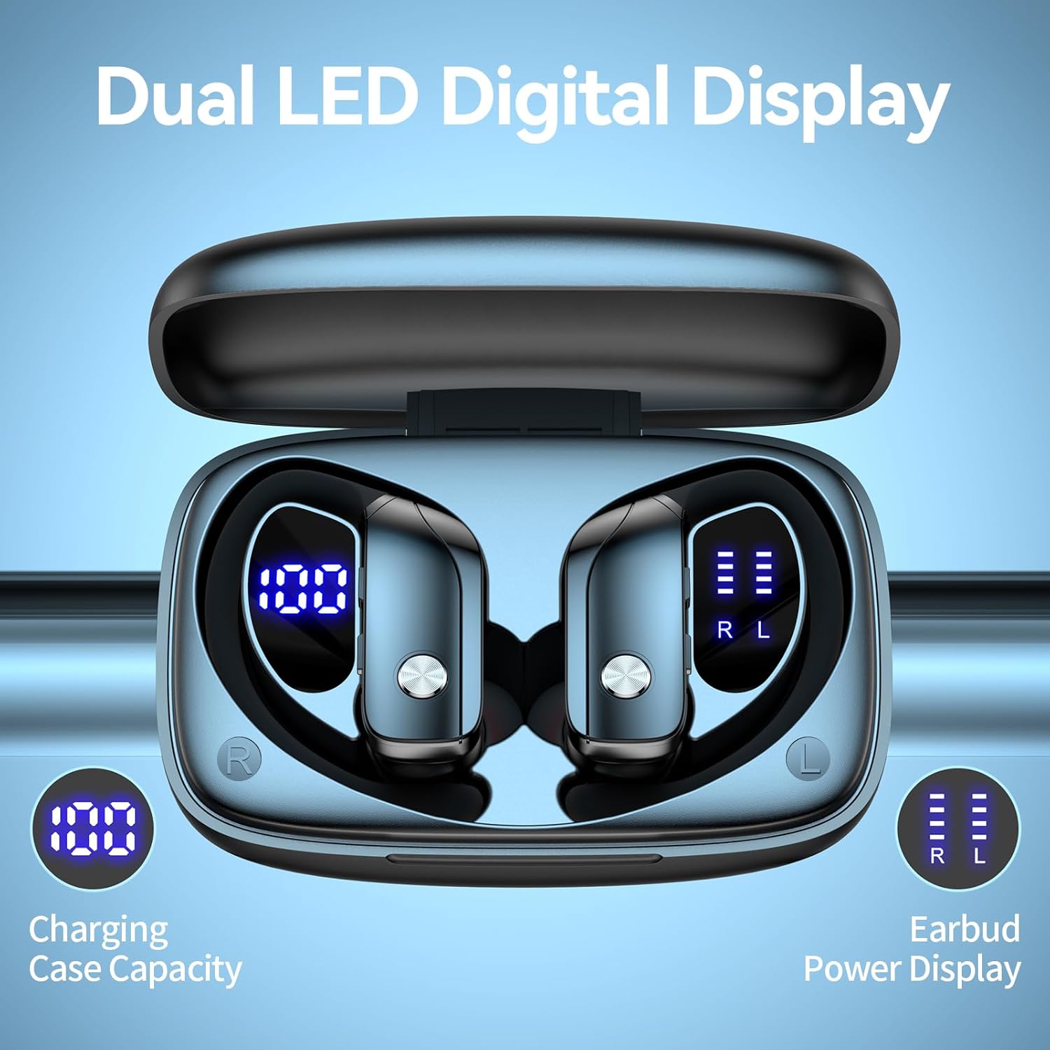 bmani Ear Buds Wireless Earbuds Bluetooth Headphones with 80H Playtime LED Display Case, Over-Ear Hook with Mic, Stereo Sound, Easy Button Controls, Sports Earphones for Running Workout Gym Black - Image 2