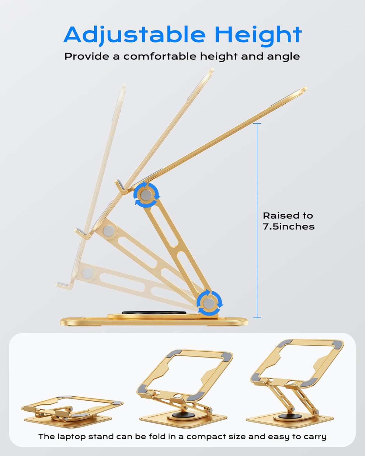 LOXP Adjustable Laptop Stand, Computer Stand with 360 Rotating Base, Ergonomic Laptop Riser Mount for Desk Foldable Protable Computer Desk Fits with MacBook Pro Air (10-16") - Gold - Image 3