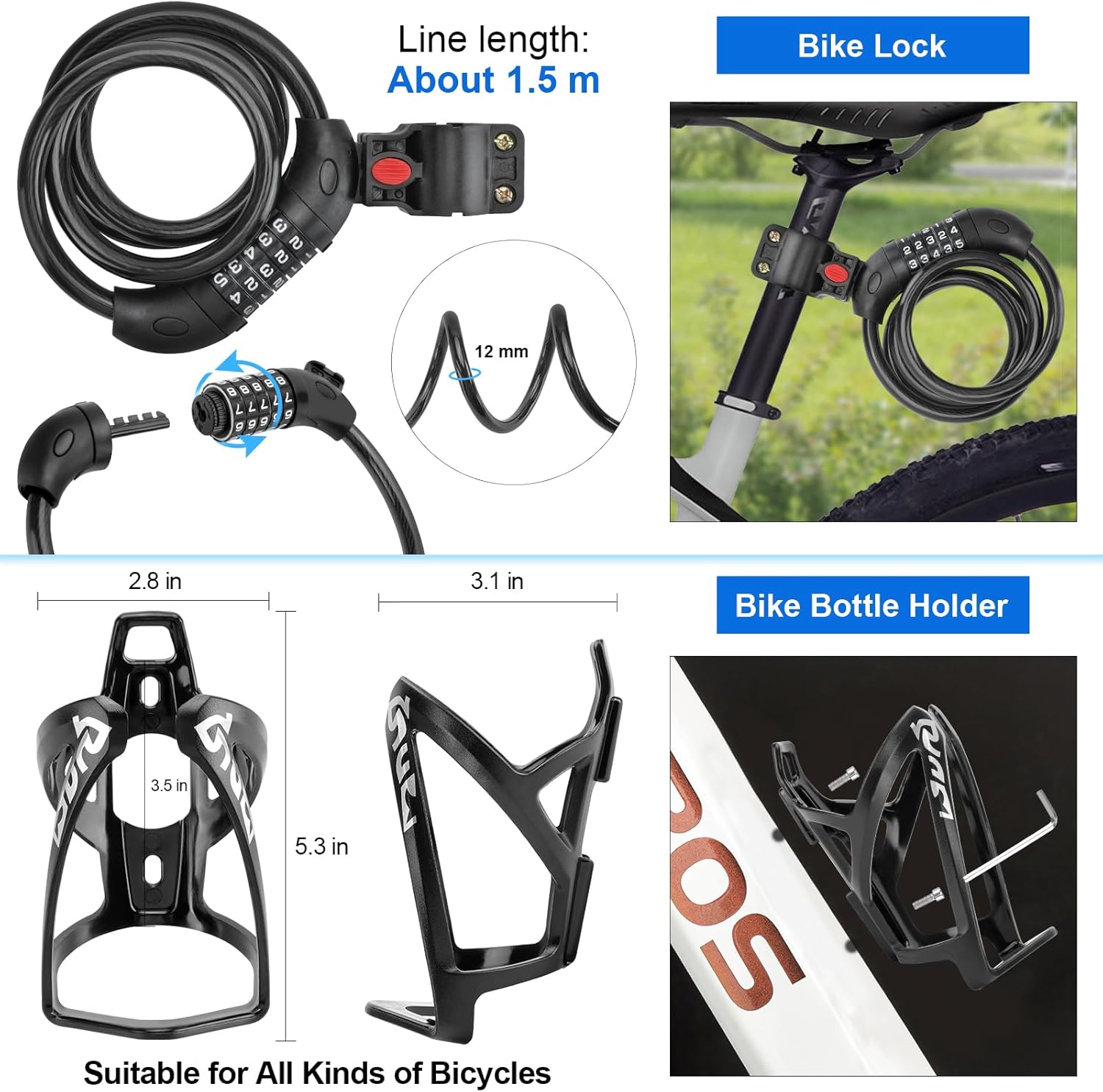 8 Pack Bicycle Accessories, Bike Light Set USB Rechargeable, 1 Bike Water Bottle Holder, Bicycle Bag and 1 Bike Aluminum Bicycle Bell,Pump - Image 5