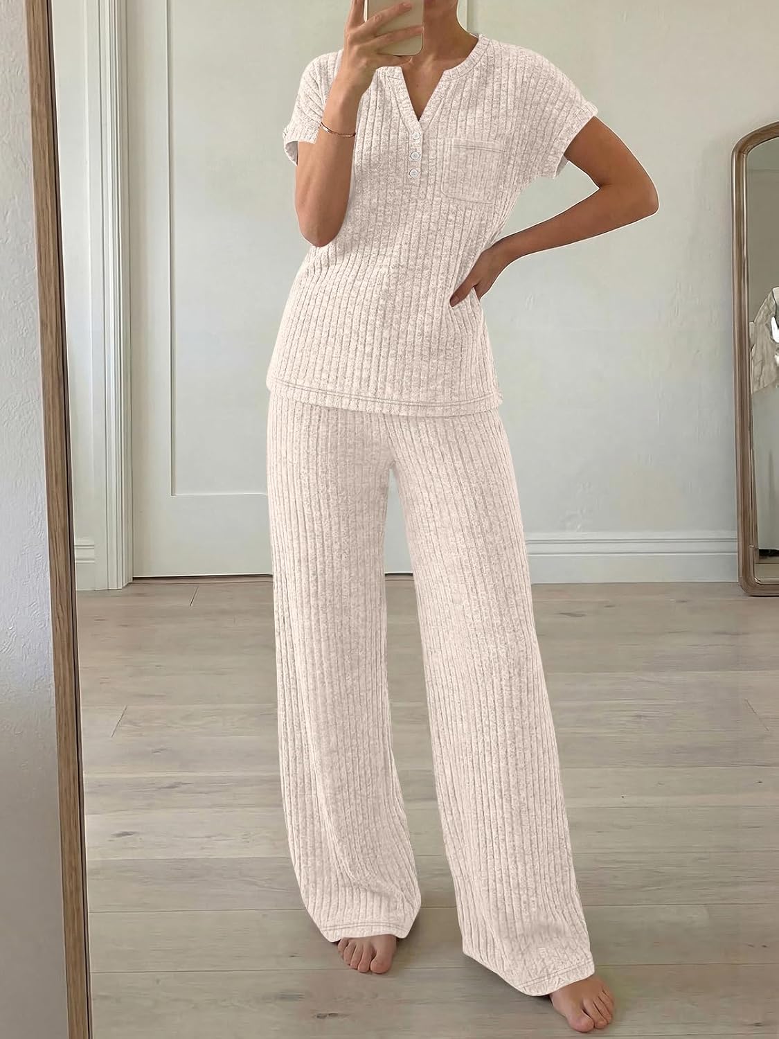 LILLUSORY Women's 2 Piece Matching Lounge Sets Summer Henley Neck Wide Leg Pants Casual Sweat Suit - Image 6