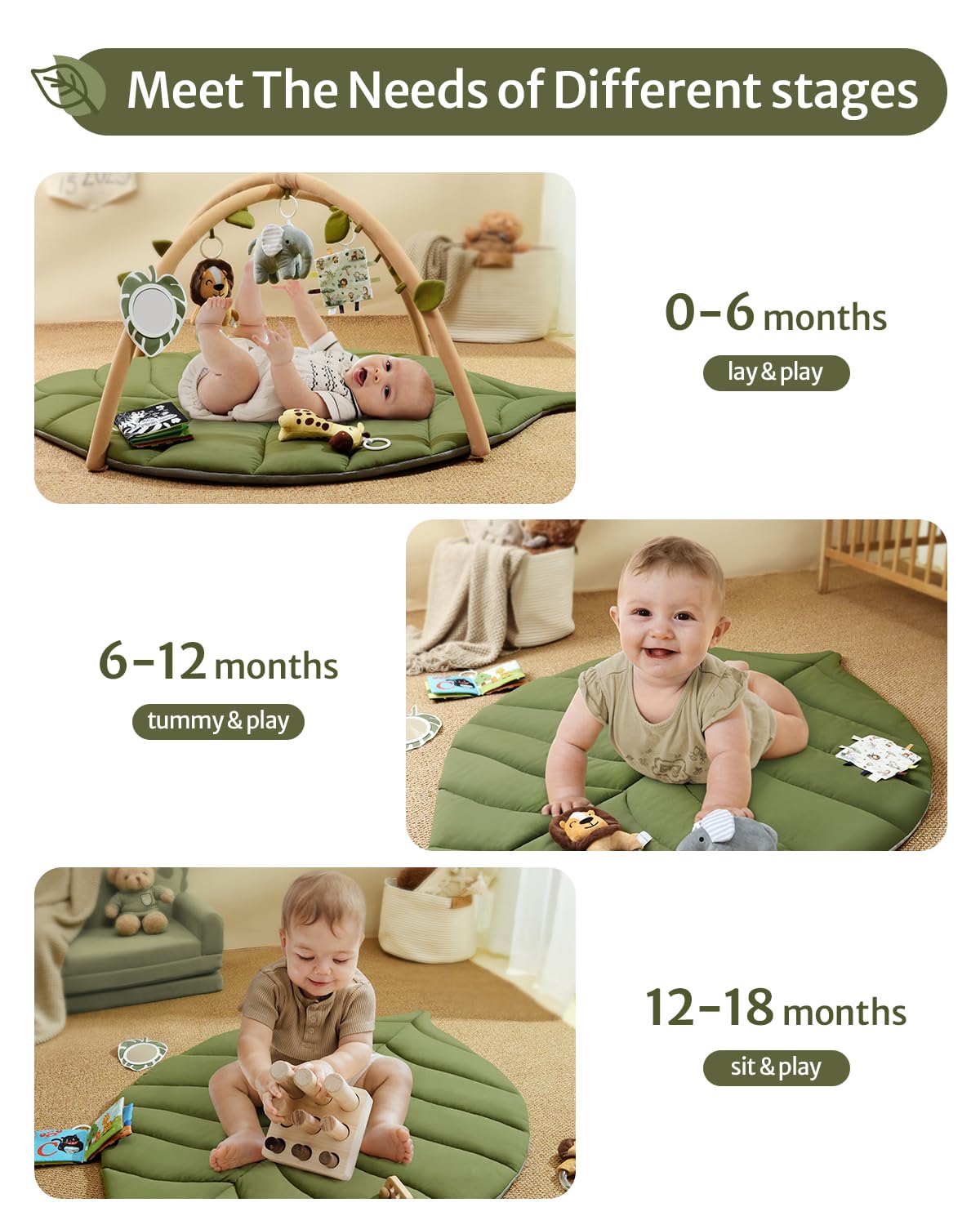 Blissful Diary Baby Play Gym & Activity Mat, Oversize Leaf Shaped Baby Play Mat w 6 Detachable Toys, Tummy Time Mat Promote Motor Skills & Sensory Development Mat, Newborn Infant Baby Essentials Gift - Image 6