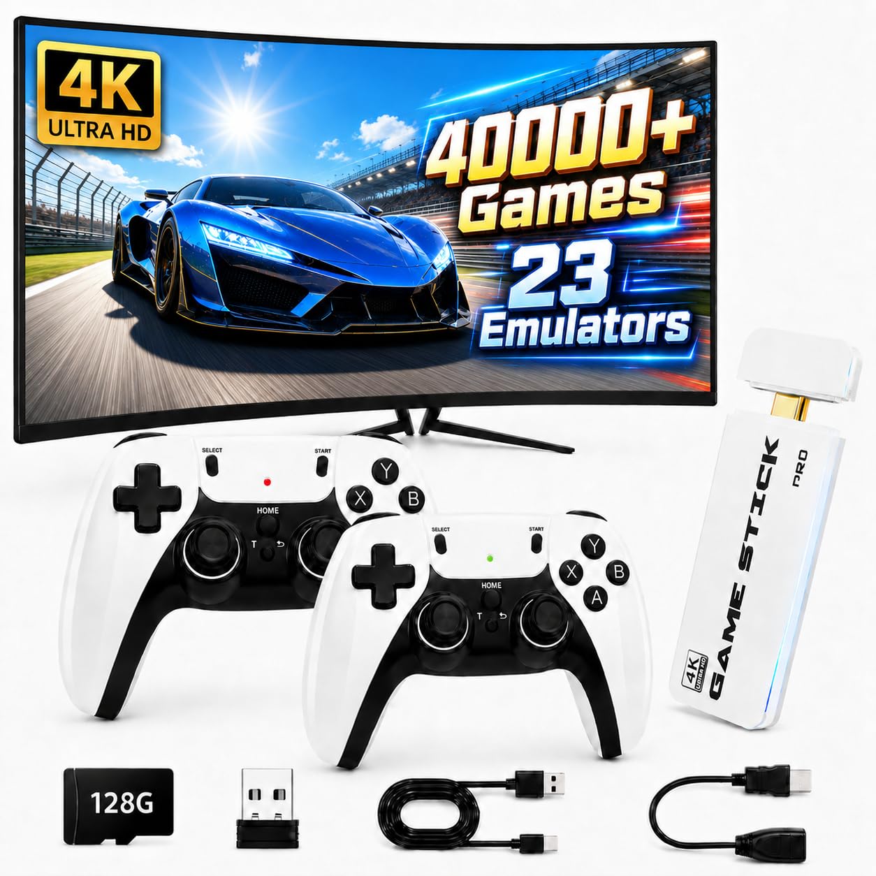 2026 Upgraded Retro Gaming Console, 4K HDMI Plug and Play TV Gaming System with 40000+ Built-in Video Games, 128GB TF Card, 23 Emulators, 2 Wireless Controllers for Family Entertainment