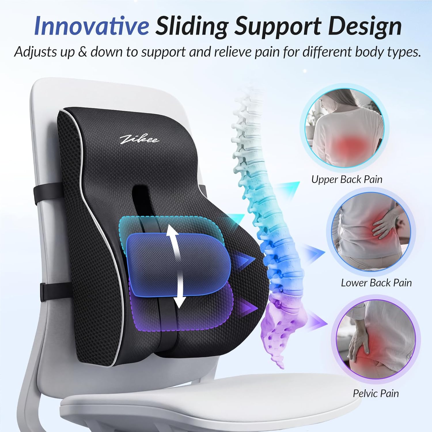 ZIKEE Adjustable Lumbar Support Pillow for Office Chair with Sliding Design for Precise Pain Relief & Support, Ergonomic Lumbar Pillow Improves Posture, Back Support Pillow for Office, Car, Home - Image 3