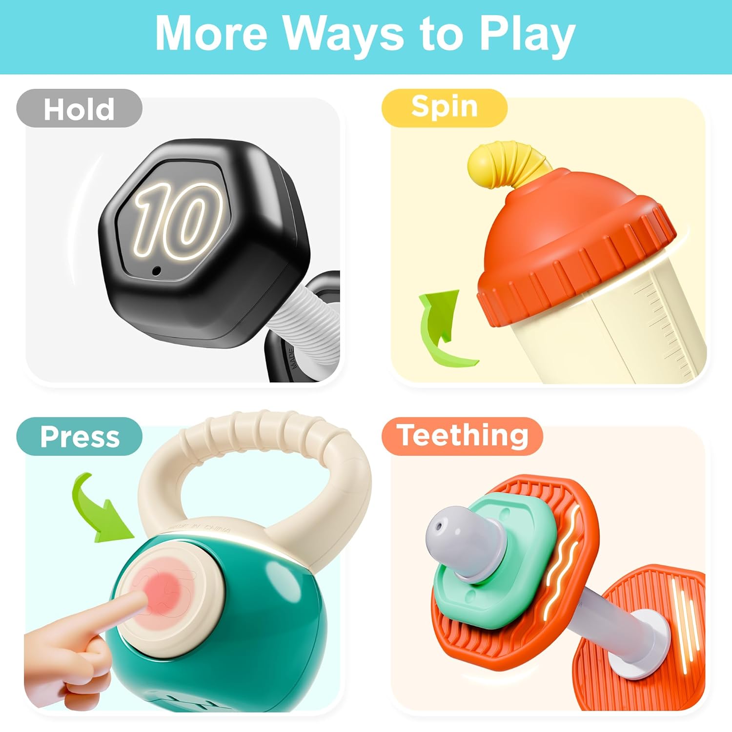 iPlay, iLearn Baby First Gym Rattle Set, Infant Dumbbell Weights Teething Rattles 3-6-12 Month, Newborn Workout Sensory Stroller Toy, Babies Birthday Shower Gift 5 7 8 9 10 Month Toddler Boy Girl-4PCS - Image 5