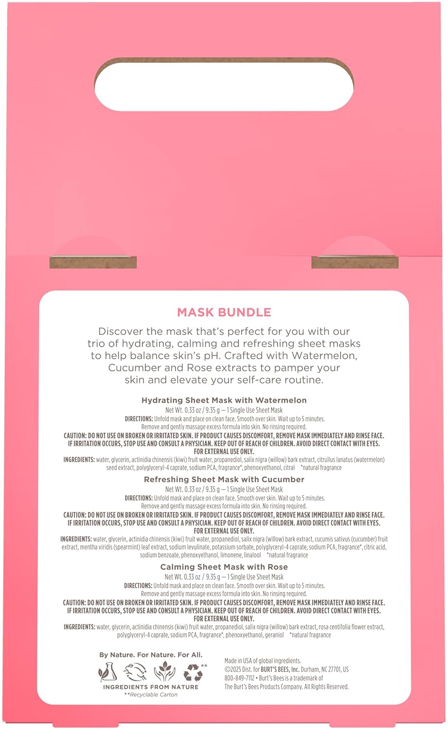 Burt's Bees Mothers Day Gifts, Face Mask Bundle Set, Hydrating Watermelon, Calming Rose, & Refreshing Cucumber, Face Sheet Masks for Single Use Skin Care, 99% Natural Origin, 3 Count, 0.33oz Each - Image 6