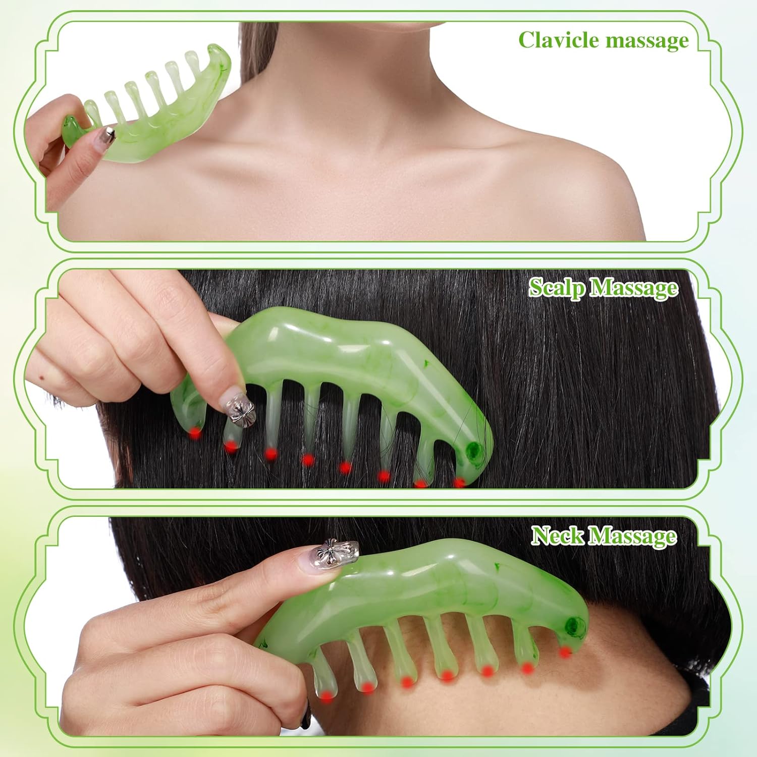 Geiserailie 2 Pcs Jade Combs Esthetician Supplies Massage Stone Hair Gua Sha Scraping Scalp Comb Facial Massage Tool Handheld Head Tools Head Caring Therapy for Women(Elegant Style) - Image 3