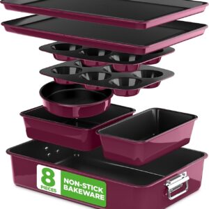 NutriChef 8-Piece Nonstick Stackable Bakeware Set – PFOA, PFOS, PTFE Free Baking Pan Set w/Non-Stick Coating, 450°F Oven Safe, Round Cake, Loaf, Muffin, Wide/Square Pans, Cookie Sheet (Plum)