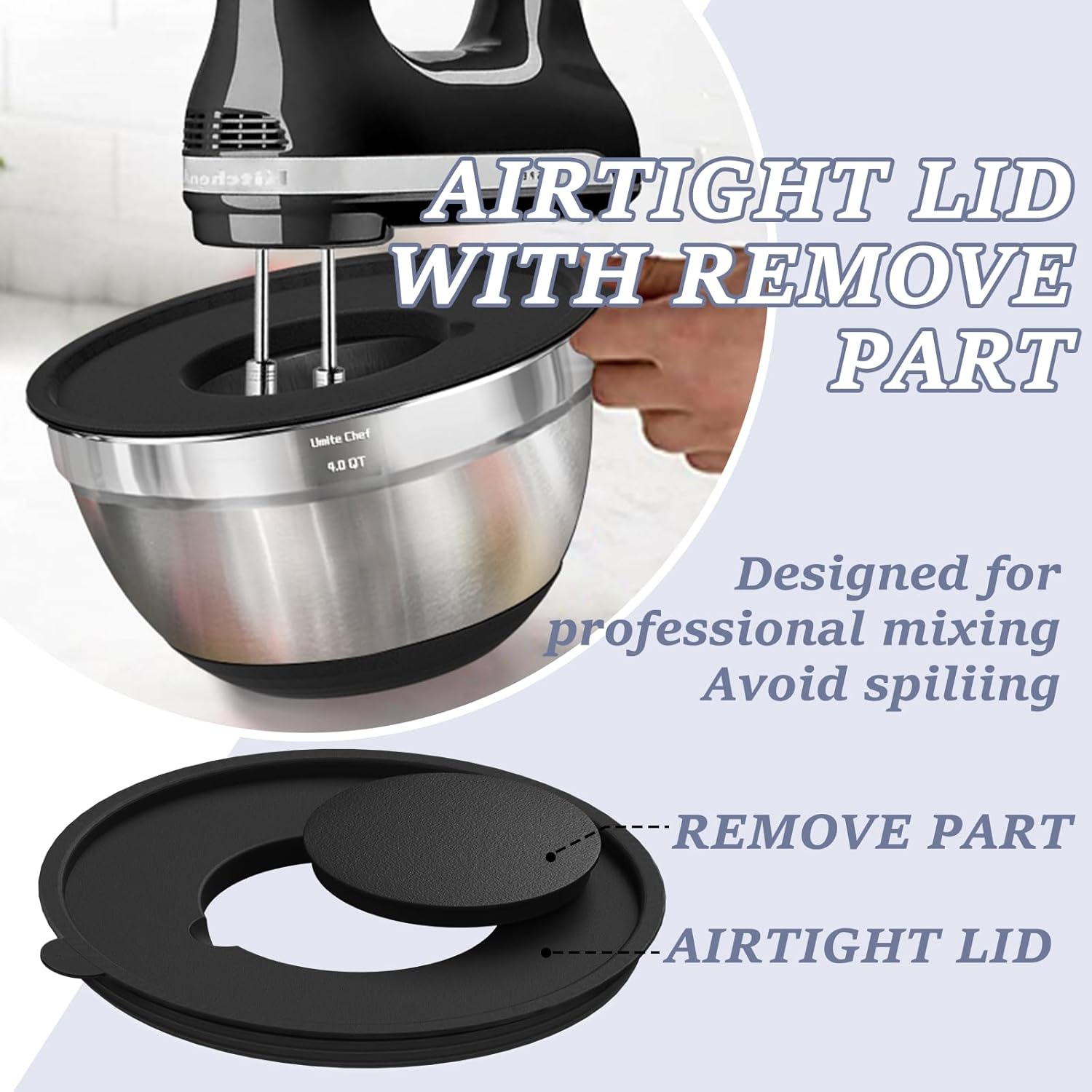 Umite Chef Mixing Bowls with Airtight Lids, 8PCS Stainless Steel Nesting Mixing Bowls Set, 3 Grater Attachments & Non-Slip Bottoms, Black Kitchen Bowls, Size 5, 4, 3.5, 2, 1.5QT for Baking & Serving - Image 7