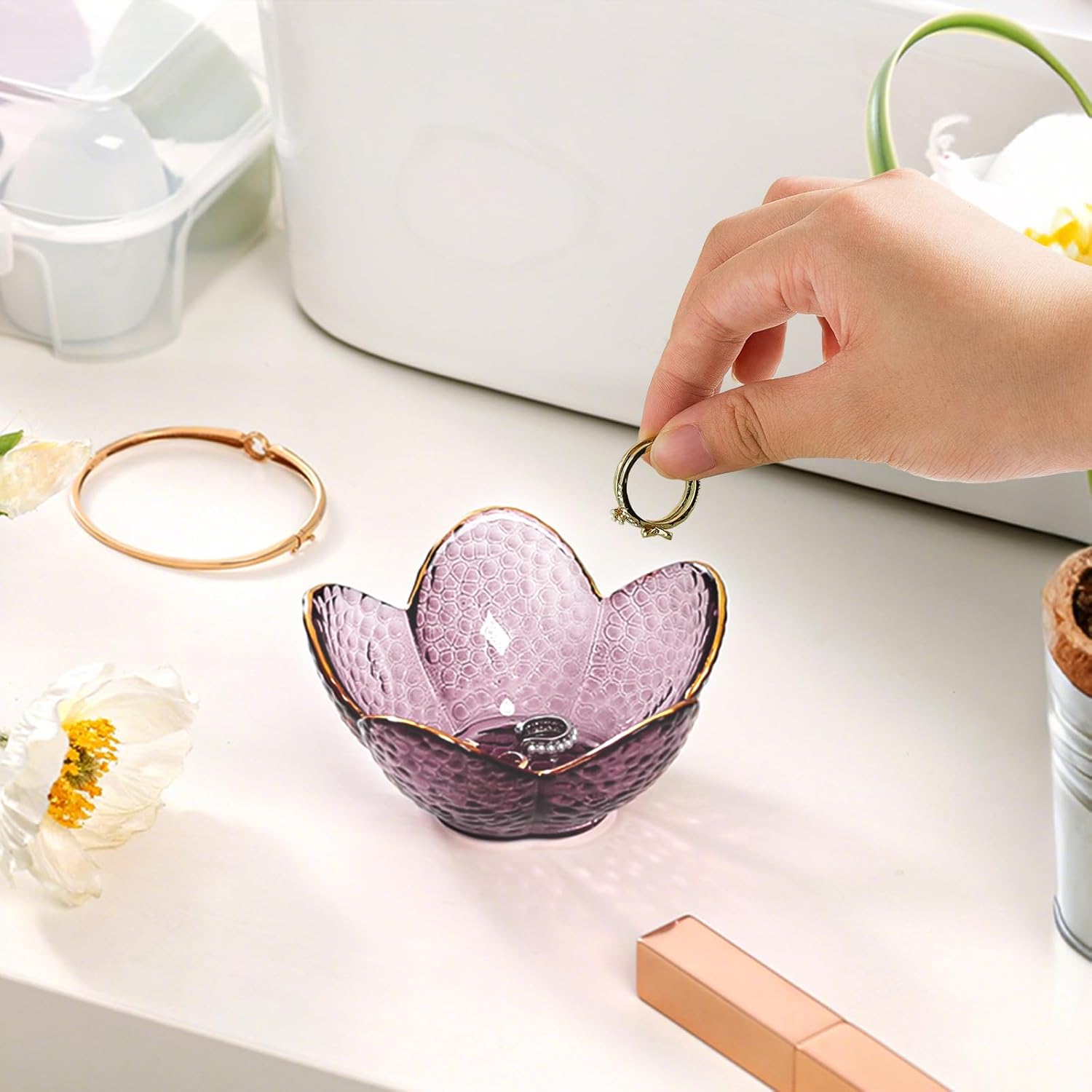 Purple Flower Jewelry Dish Glass Ring Holder Dish Jewelry Tray Cute Vanity Organizer Aesthetic Nightstand Bathroom Room Decor Trinket Dish Mothers Day Friendship Christmas Birthday Gifts for Women - Image 2