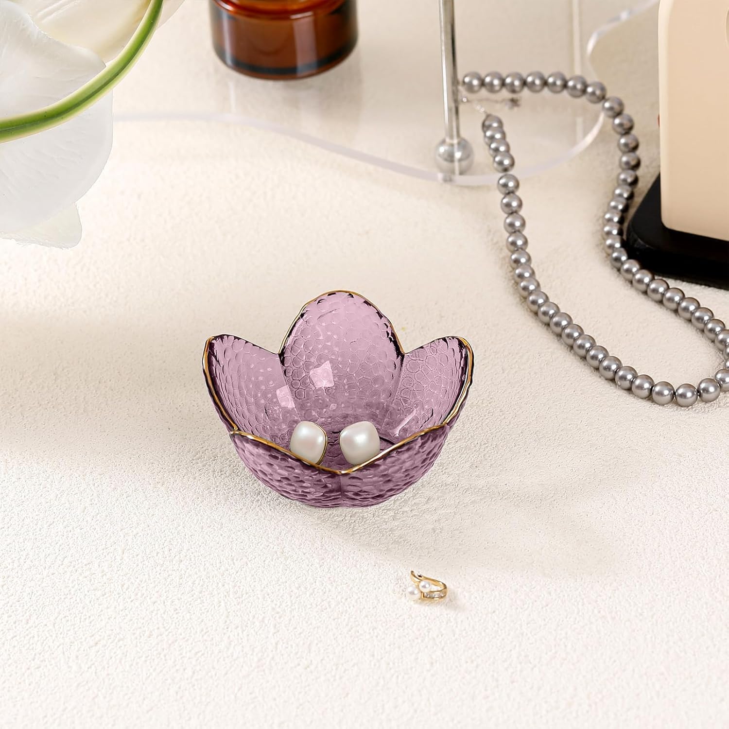 Purple Flower Jewelry Dish Glass Ring Holder Dish Jewelry Tray Cute Vanity Organizer Aesthetic Nightstand Bathroom Room Decor Trinket Dish Mothers Day Friendship Christmas Birthday Gifts for Women - Image 8