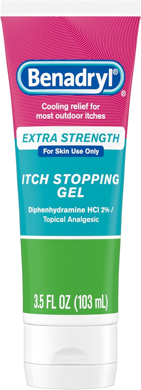 Benadryl Topical Itch Relief Gel, Extra Strength, Contains 2% DIPHENHYDRAMINE HCL, Soothing Relief from SCRAPES, Insect Bites, Sunburn, Poison Ivy and More, Great for Outdoors, 3.5 FL OZ Benadryl Topical Itch Relief Gel, Extra Strength, Contains 2% DIPHENHYDRAMINE HCL, Soothing Relief from SCRAPES, Insect Bites, Sunburn, Poison Ivy and More, Great for Outdoors, 3.5 FL OZ
