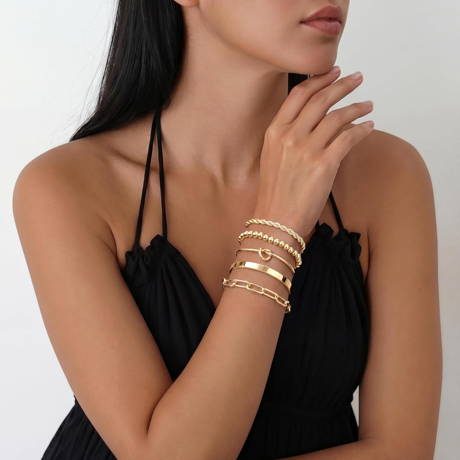 Gokeey Gold Bracelets Set for Women Non Tarnish, Waterproof 14K Gold Plated Sterling Silver Chunky Cuff Bracelet Stackable Gold Bangles Bracelet for Women Trendy Fashion Accessories Tie Knot Cuban Rope Paperclip Beaded Bracelet Stack Jewelry Mothers Day Gifts for Mom Birthday - Image 2