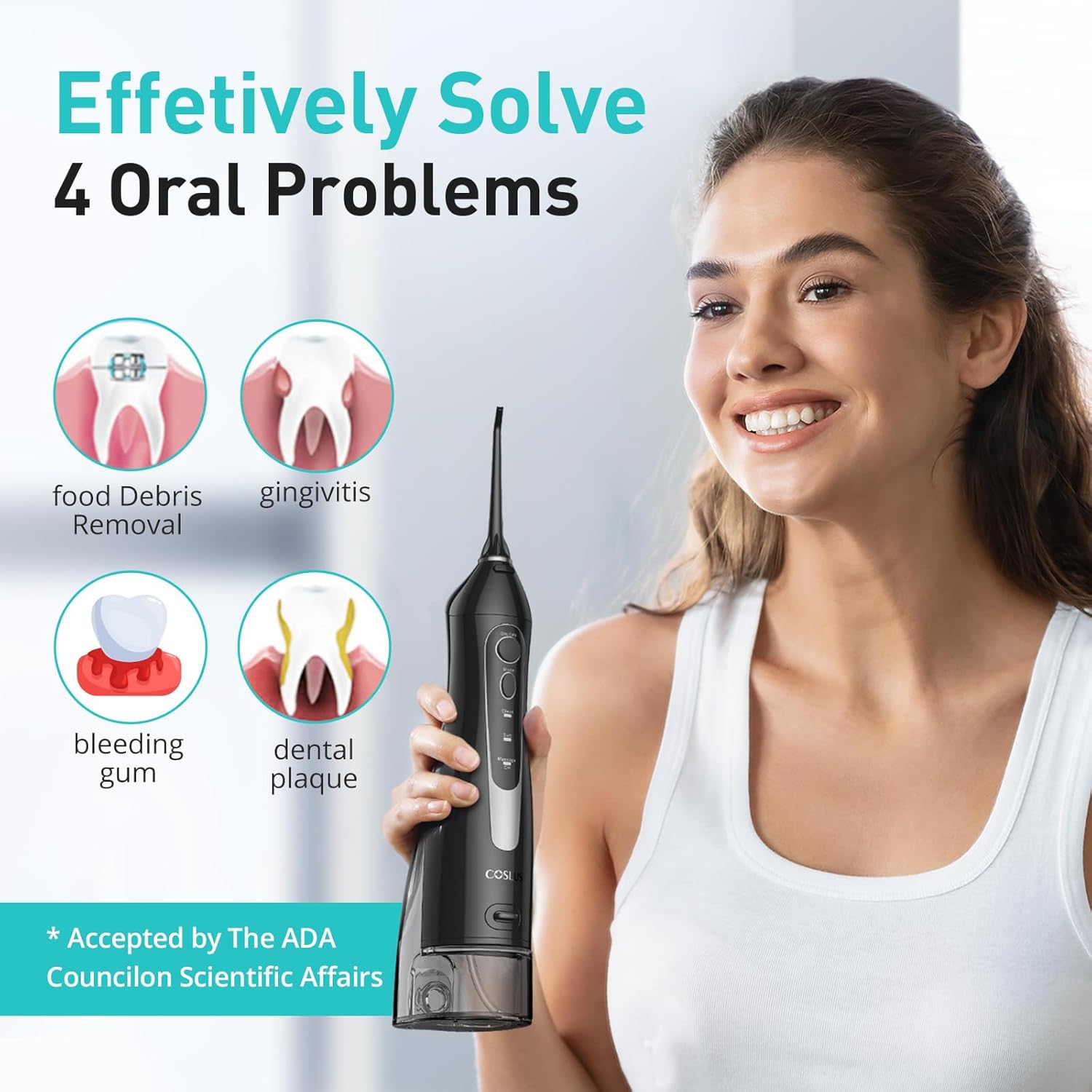 COSLUS Water Dental Flosser Teeth Pick C20: ADA Accepted, Portable Cordless Oral Irrigator 300ML Rechargeable Travel Irrigation Cleaner IPX7 Waterproof Electric Flossing Machine for Teeth, Black - Image 8