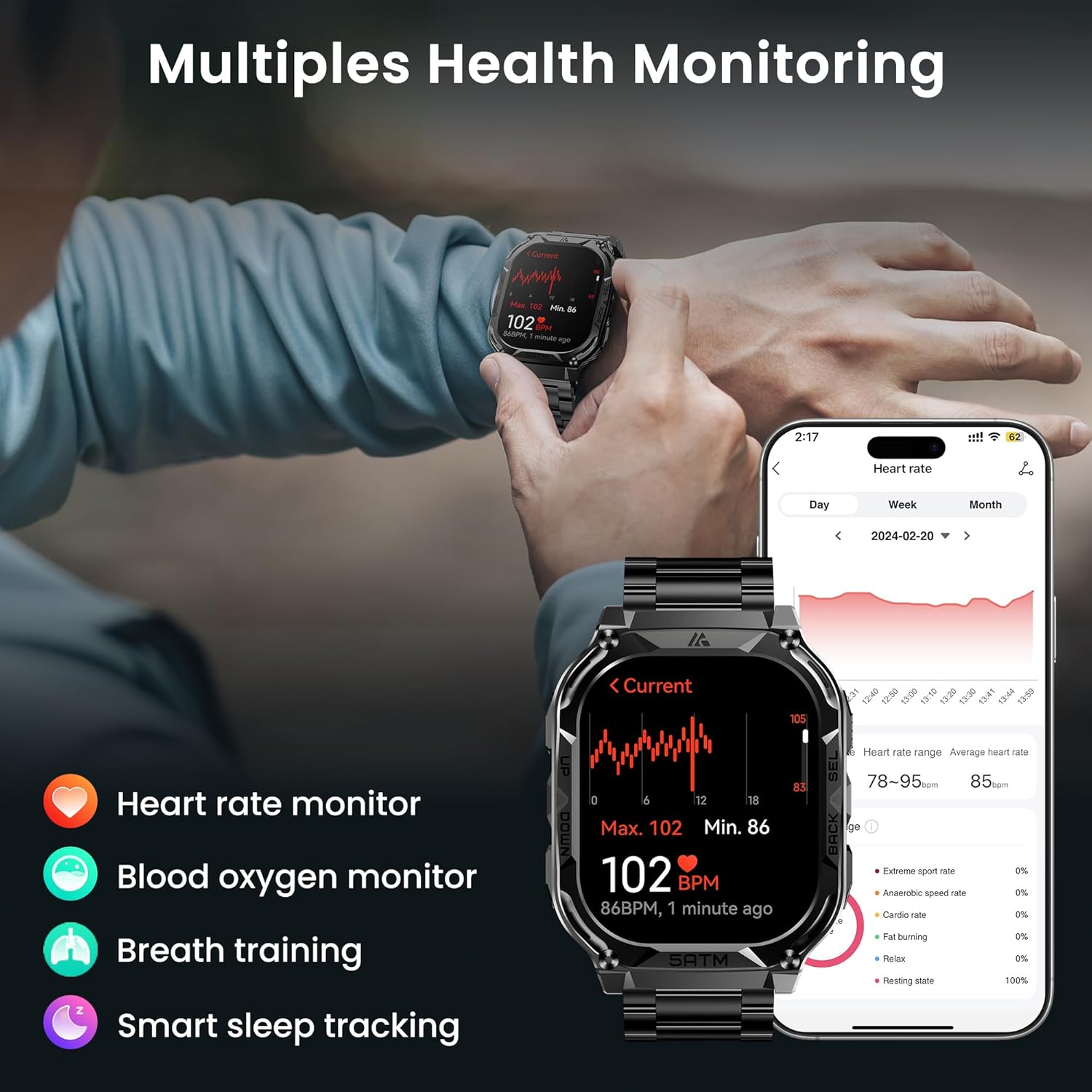 AMAZTIM GPS Smart Watches for Men, 1.96" AMOLED Large Screen, Rugged Stainless Steel Body, 50M Waterproof, Answer/Make Call, Heart Rate Monitor/Sleep Tracking, Android & iOS Compatible, Black, M3E - Image 4