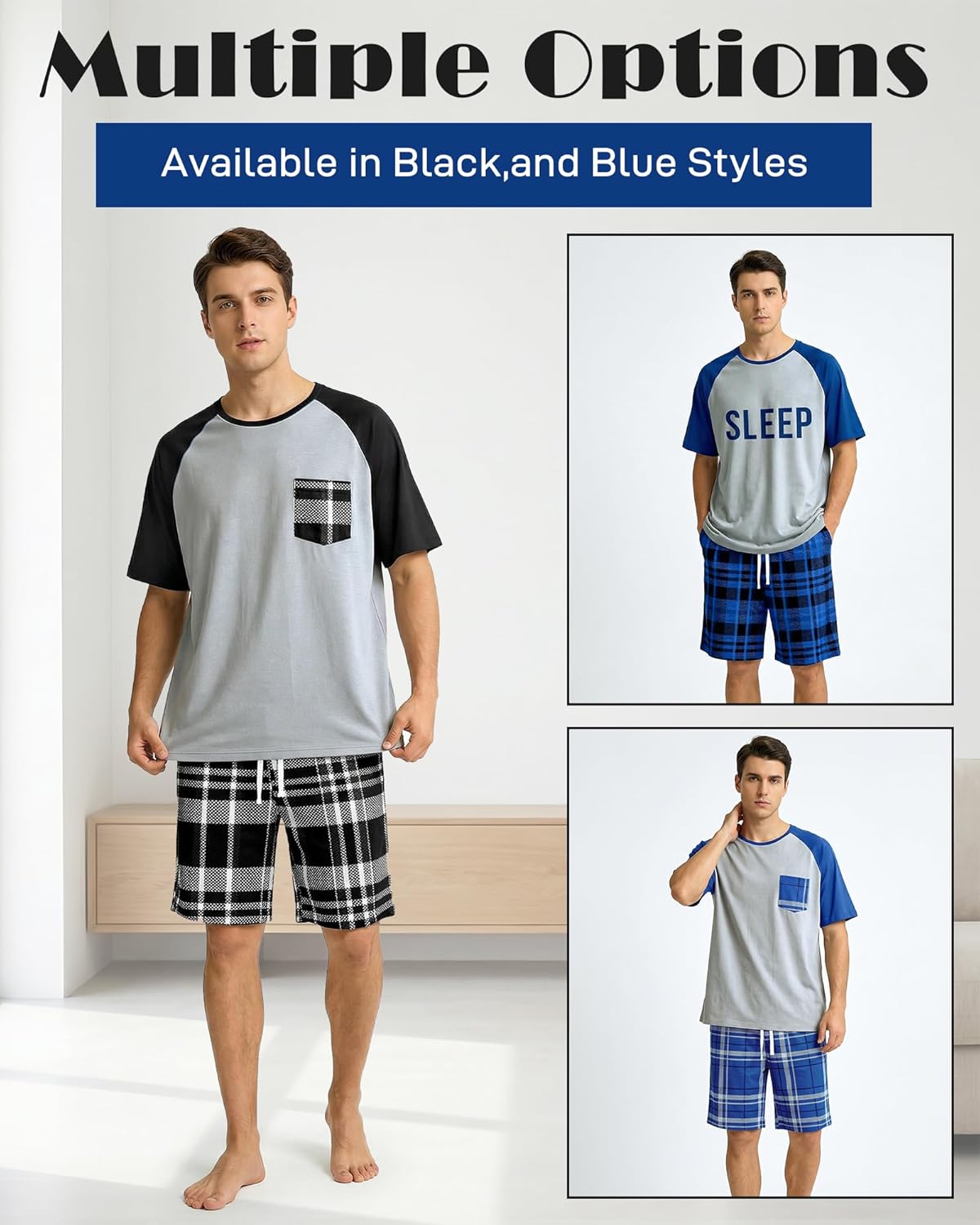 Mens Pajamas Set Soft Short Sleeve Pjs Plaid Pajamas 2 Piece Sleepwear Mens Loungewear Sets Summer with Pockets - Image 7