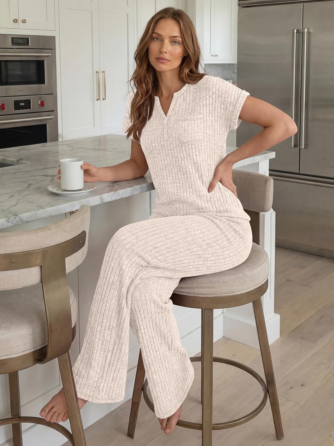 LILLUSORY Women's 2 Piece Matching Lounge Sets Summer Henley Neck Wide Leg Pants Casual Sweat Suit - Image 5