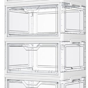 Kmiectse Clear Storage Bins with Lids – 4 Tier Plastic Bins with Wheels, Stackable Storage Bin, Closet Organizers Box for Bedroom, Living Room, 23 QT Folding Box with Magnetic door