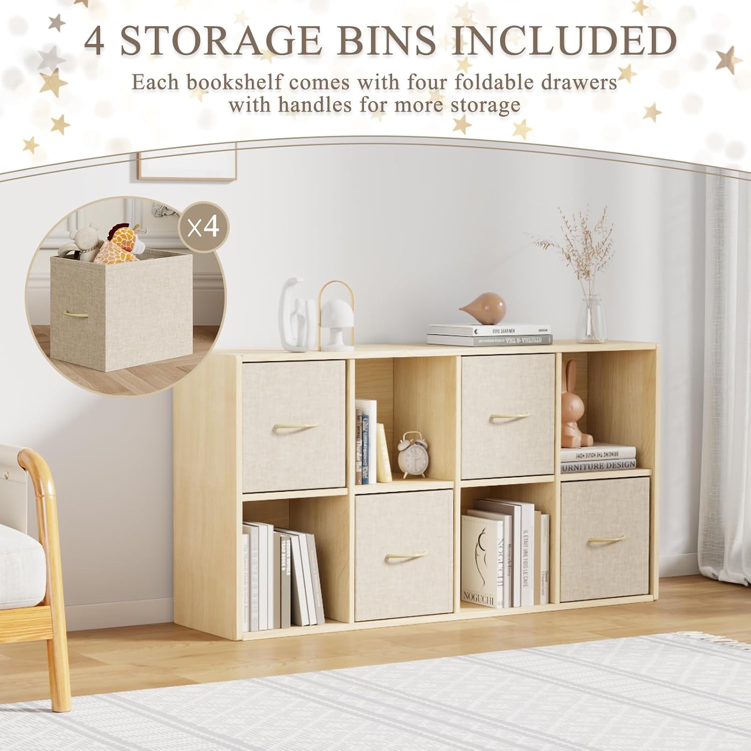 8 Cube Storage Organizer - Solid Wood Bookshelf with 4 Storage Bins, Cube Shelf with 2 Removable Back Panels, Vertical or Horizontal Bookcase, Open Book Shelf for Bedroom, Living Room, Office - Image 4