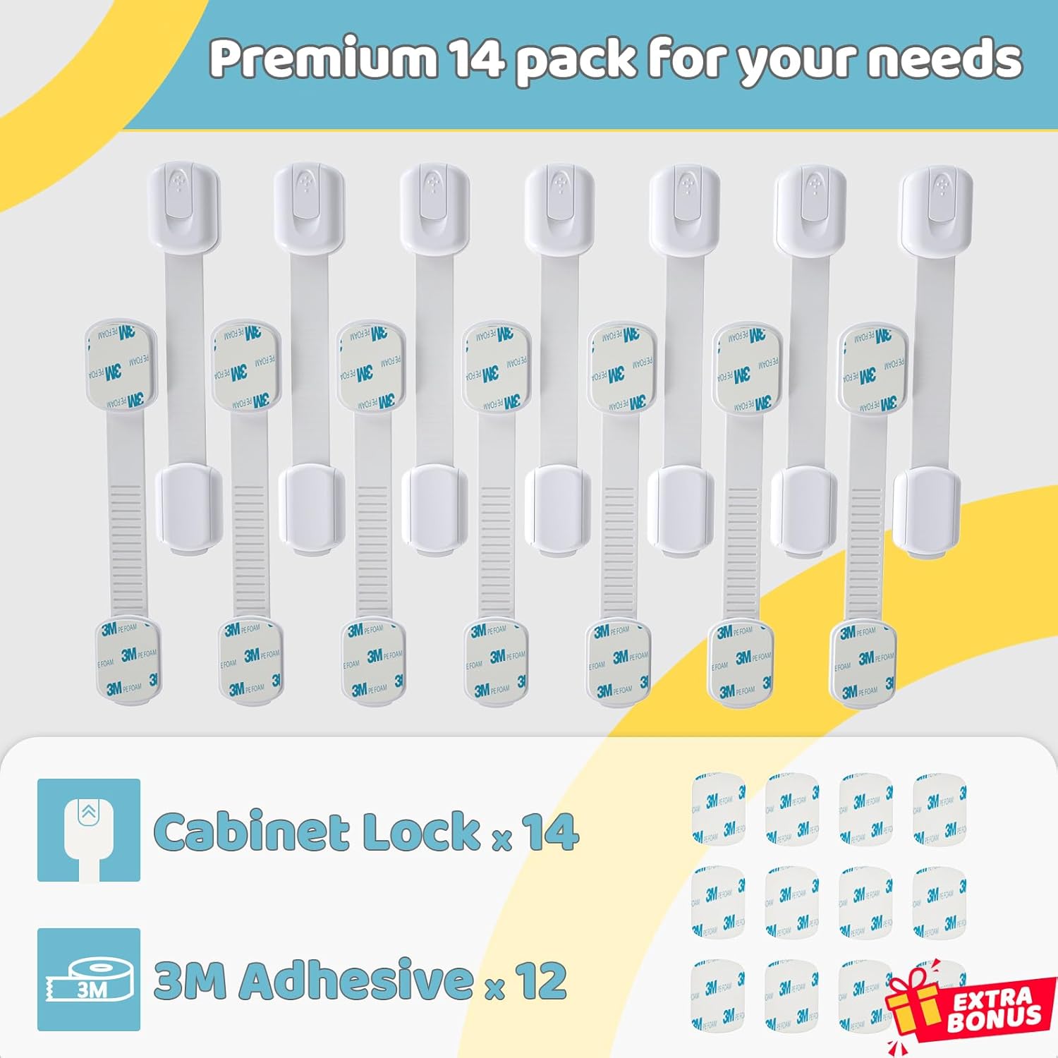 4our Kiddies 14 Pack Baby Proof Cabinet Latches, Childproof Drawer Latches with 12 Extra 3M Adhesives, Adjustable No Drilling Child Safety Cabinet Locks Straps Baby Drawer Locks for Kids Baby Safety - Image 6