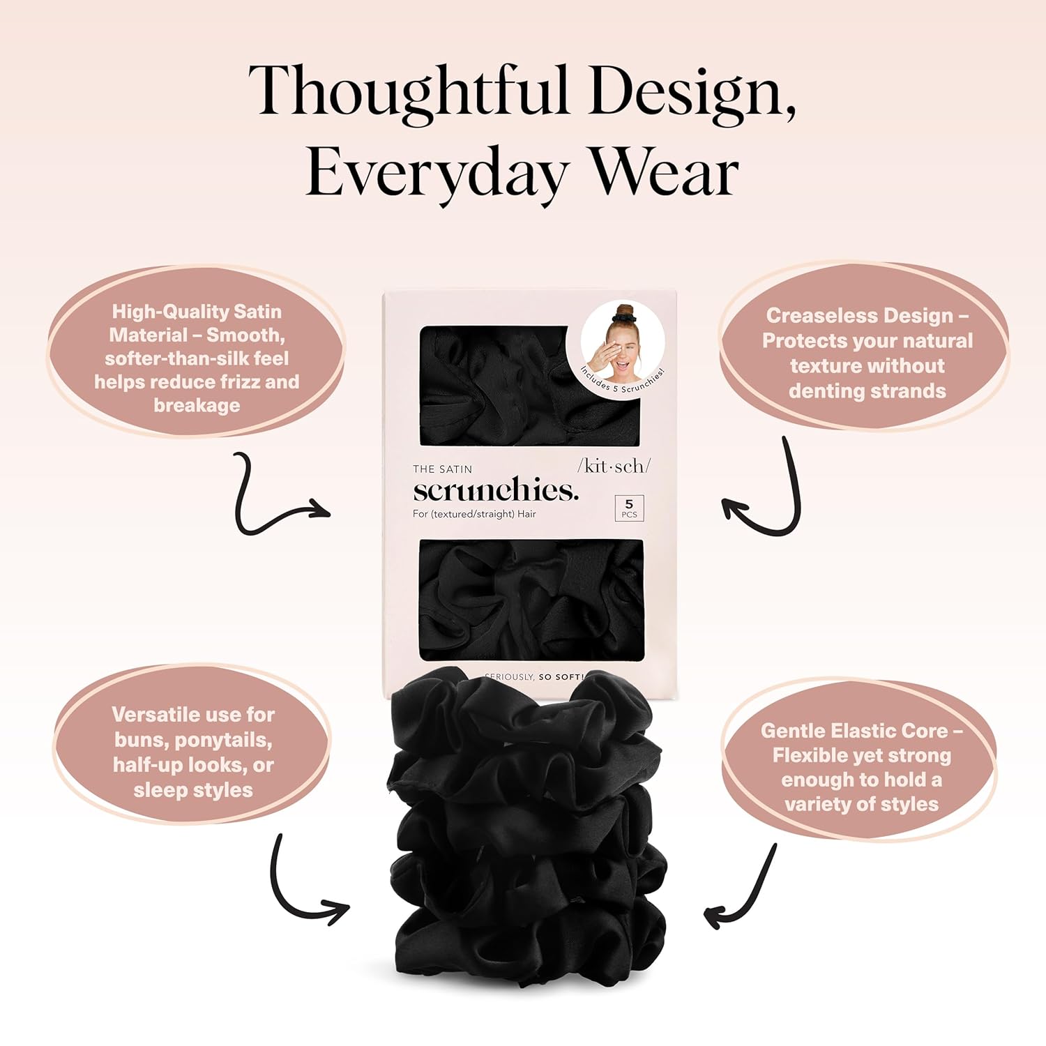 Kitsch Satin Scrunchies for Women - No Crease, Frizz Control | Softer Than Silk Scrunchies Gentle On Hair Scrunchies for All Hair Types | Stylish Hair Accessories College Essentials - Black, 5pcs - Image 4
