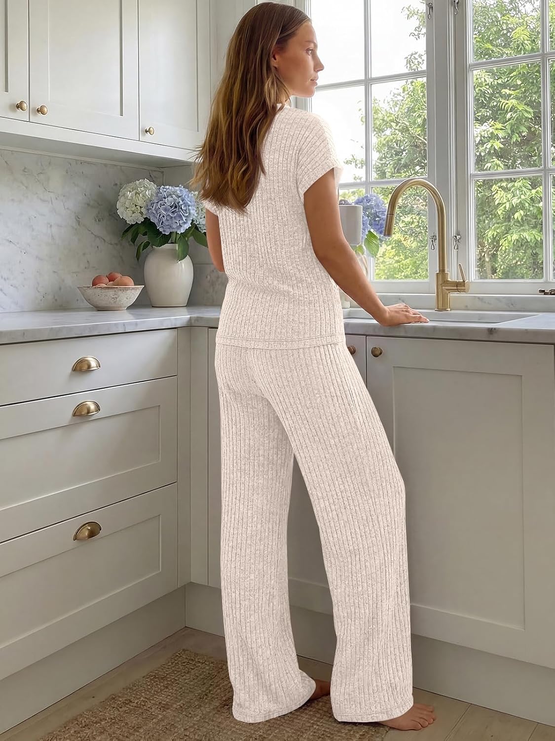 LILLUSORY Women's 2 Piece Matching Lounge Sets Summer Henley Neck Wide Leg Pants Casual Sweat Suit - Image 4
