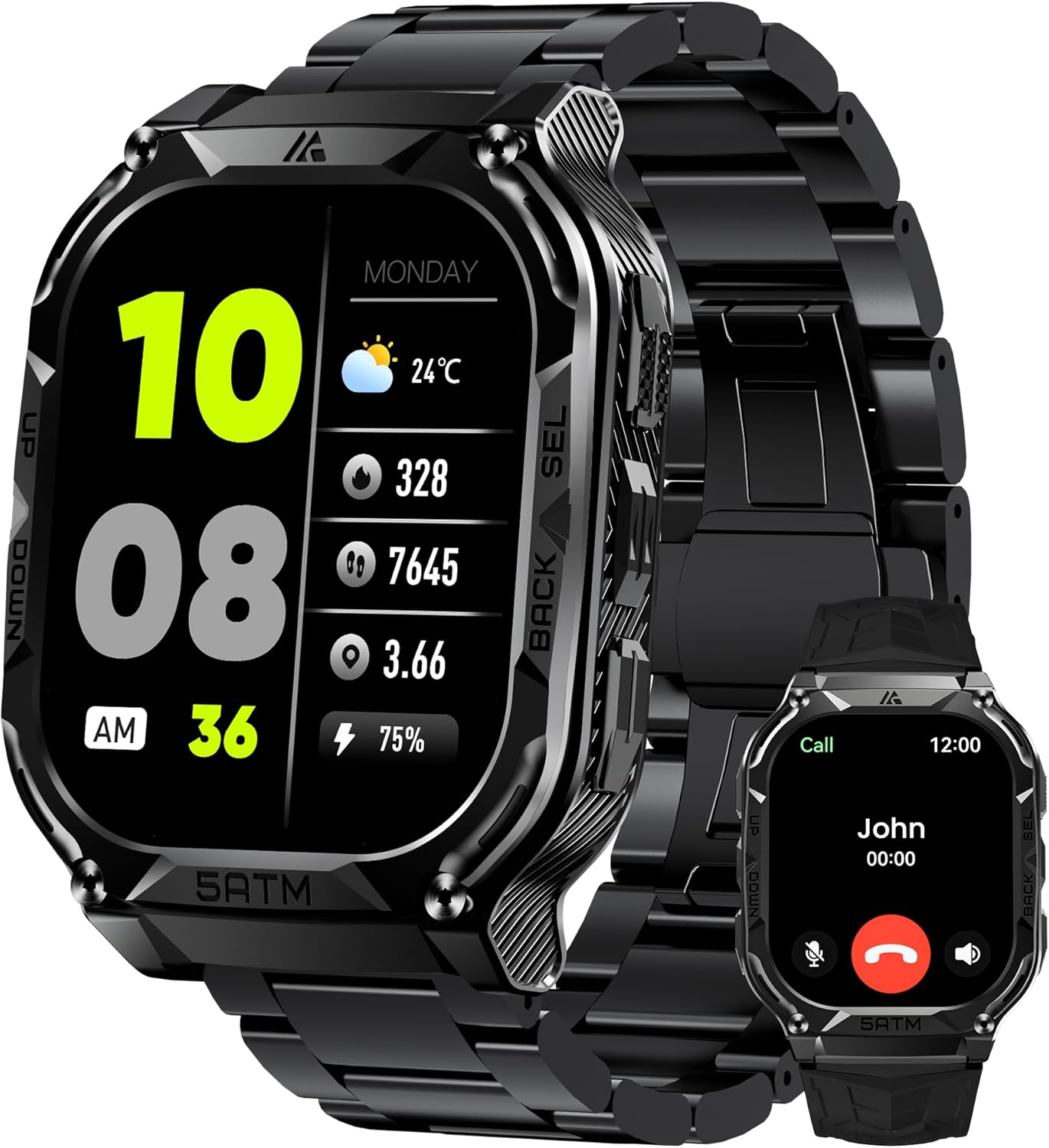 AMAZTIM GPS Smart Watches for Men, 1.96" AMOLED Large Screen, Rugged Stainless Steel Body, 50M Waterproof, Answer/Make Call, Heart Rate Monitor/Sleep Tracking, Android & iOS Compatible, Black, M3E