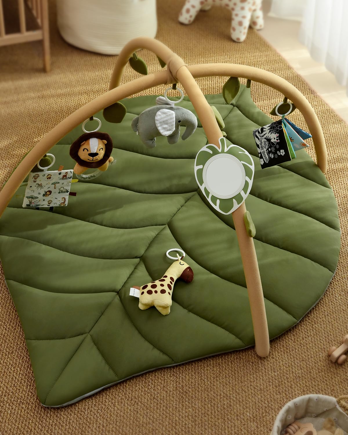 Blissful Diary Baby Play Gym & Activity Mat, Oversize Leaf Shaped Baby Play Mat w 6 Detachable Toys, Tummy Time Mat Promote Motor Skills & Sensory Development Mat, Newborn Infant Baby Essentials Gift - Image 5