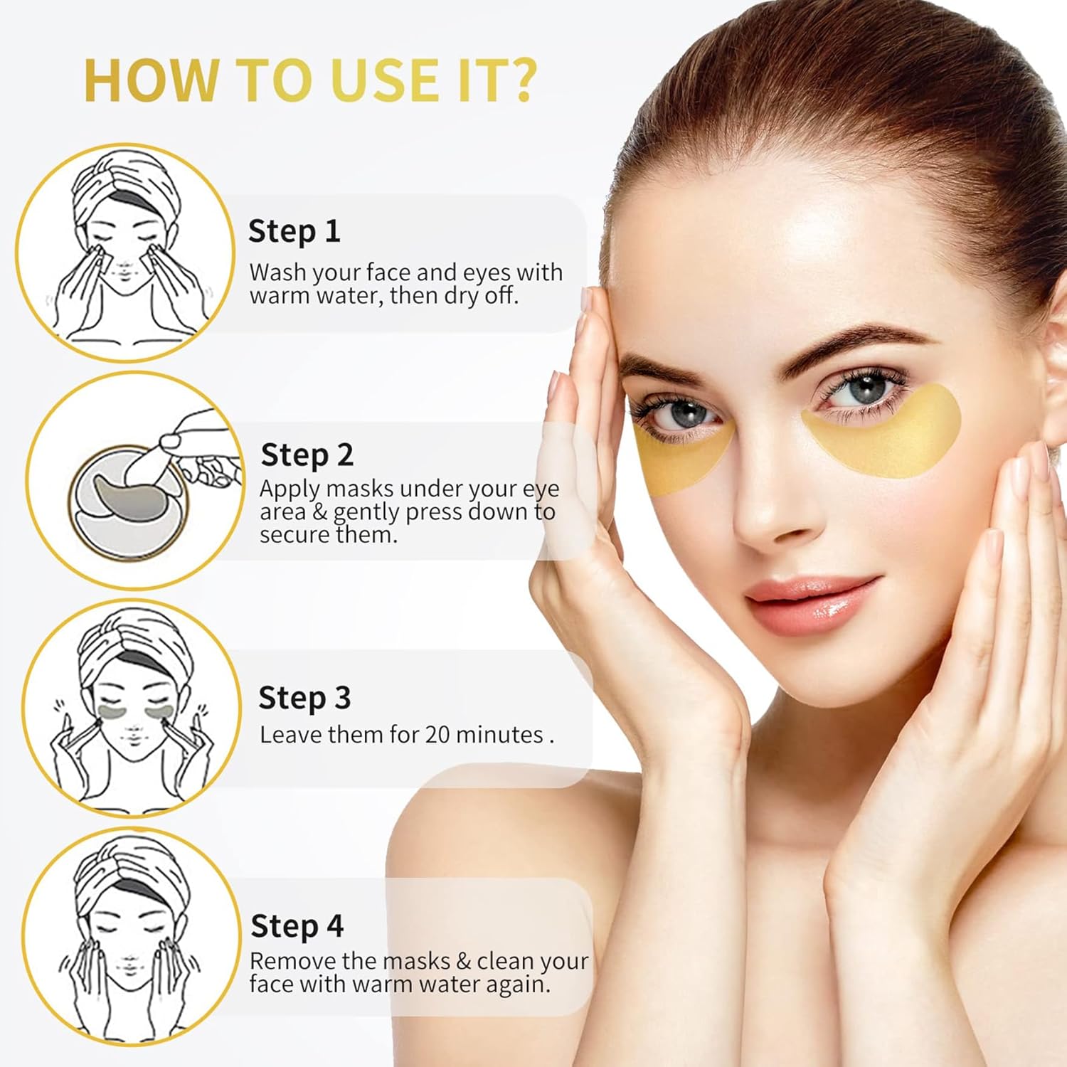 NAZANO 24K Gold Under Eye Patches - 60 Pack for Puffy Eyes, Dark Circles, Bags & Wrinkles with Collagen & Hyaluronic Acid - Eye Care Pads for Daily Skincare (Gold) - Image 5