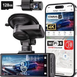 REDTIGER 4K STARVIS 2 Dash Cam Front and Rear, 5GHz WiFi 20MB/s Download, 128GB Card Included, Voice Control, Dash Camera for Cars with 3.18″ Touch Screen, GPS, Loop Recording, Parking Mode(F7N Touch)