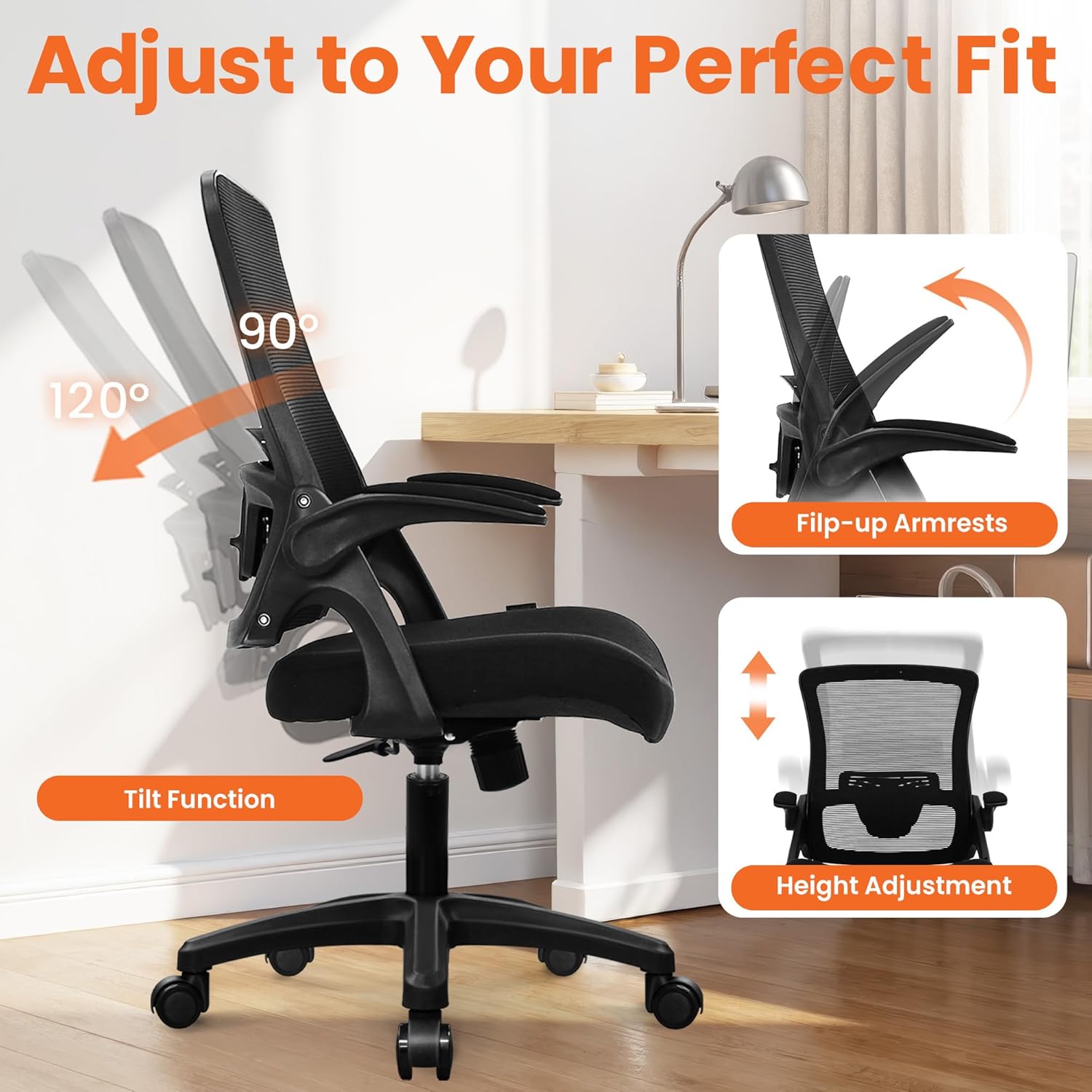 NEO CHAIR Office Desk Gaming Chair Computer High Back Mesh Seat with Rolling Wheels Ergonomic Adjustable Comfy Flip-up Armrests Lumbar Support Height for Home (Black) - Image 6