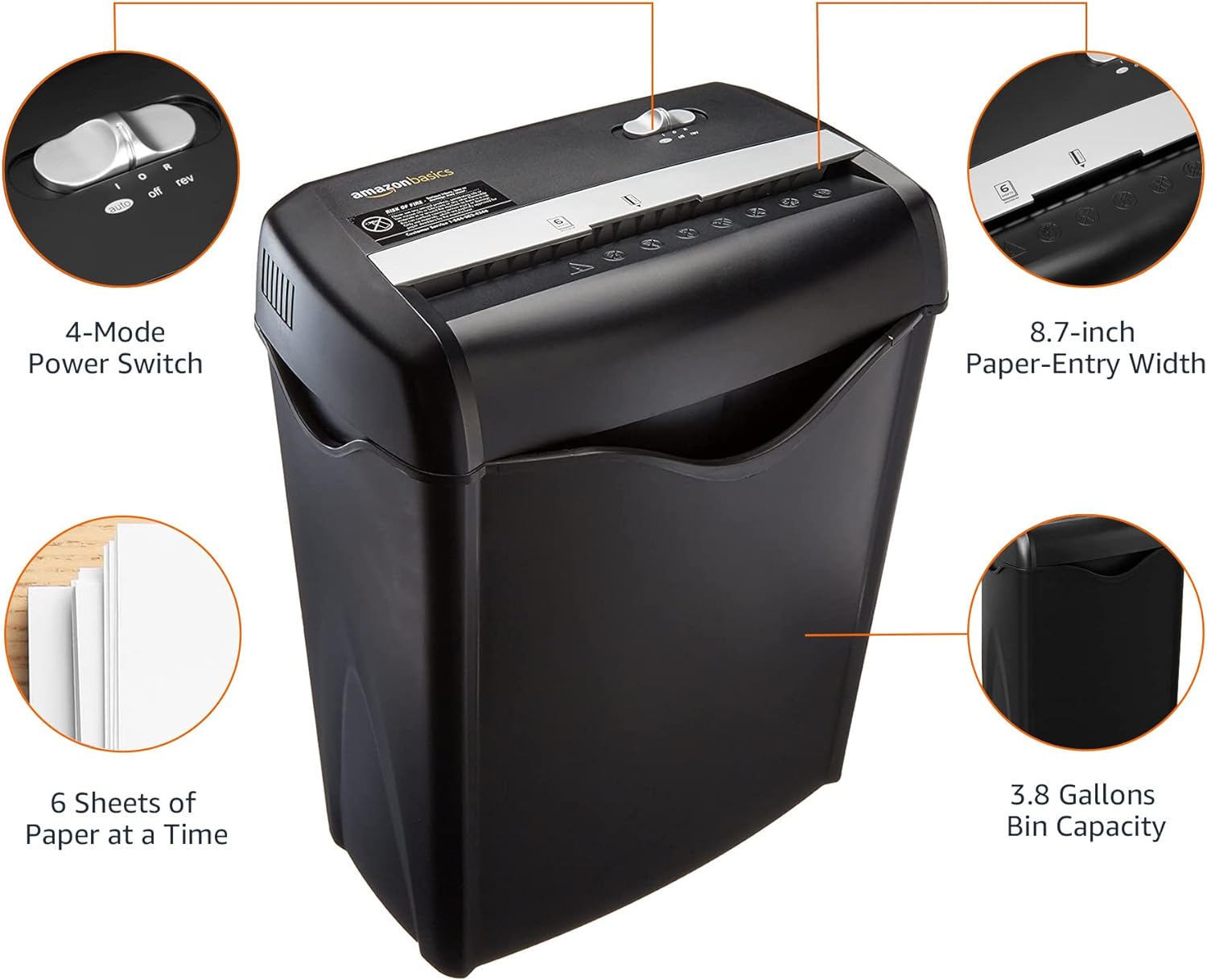Amazon Basics 6-Sheet Cross-Cut Paper and Credit Card Shredder with 3.8 Gallon Bin, Shreds Staples, Black - Image 8