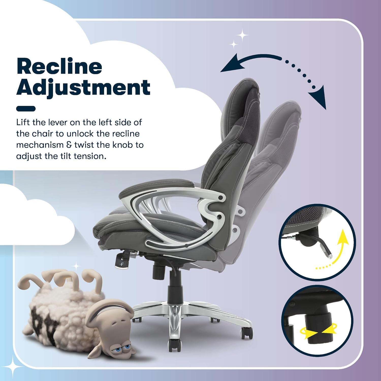 Serta Bryce Executive Office Chair - Ergonomic Computer Desk Chair with Patented AIR Lumbar Technology - Adjustable Height - Memory Foam Body Pillows - 360° Swivel Rolling Base - Bonded Leather - Gray - Image 8