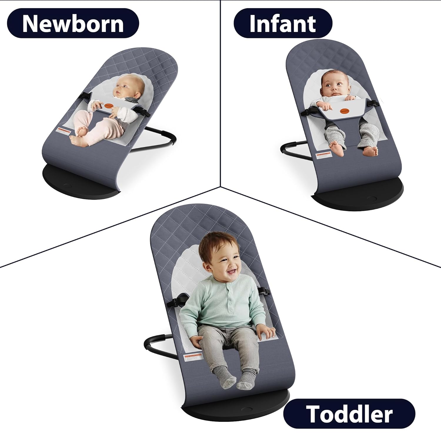 Portable Baby Bouncer Seat for Infants, 0-18 Months, 3 Modes of Use with Rocker & Stationary Options, Ergonomic Infant Chair with Hanging Toys – Grey - Image 2